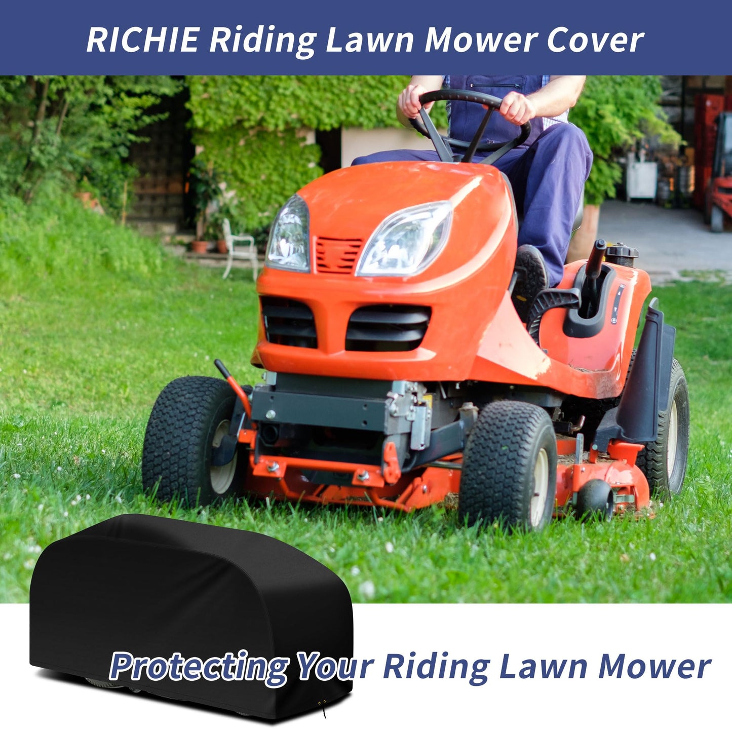 RICHIE Riding Lawn Mower Cover, 183 x 137 x 117cm Outdoor Garden Tractor Cover Waterproof, Heavy Duty 420D Oxford Fabric lawn mower cover with