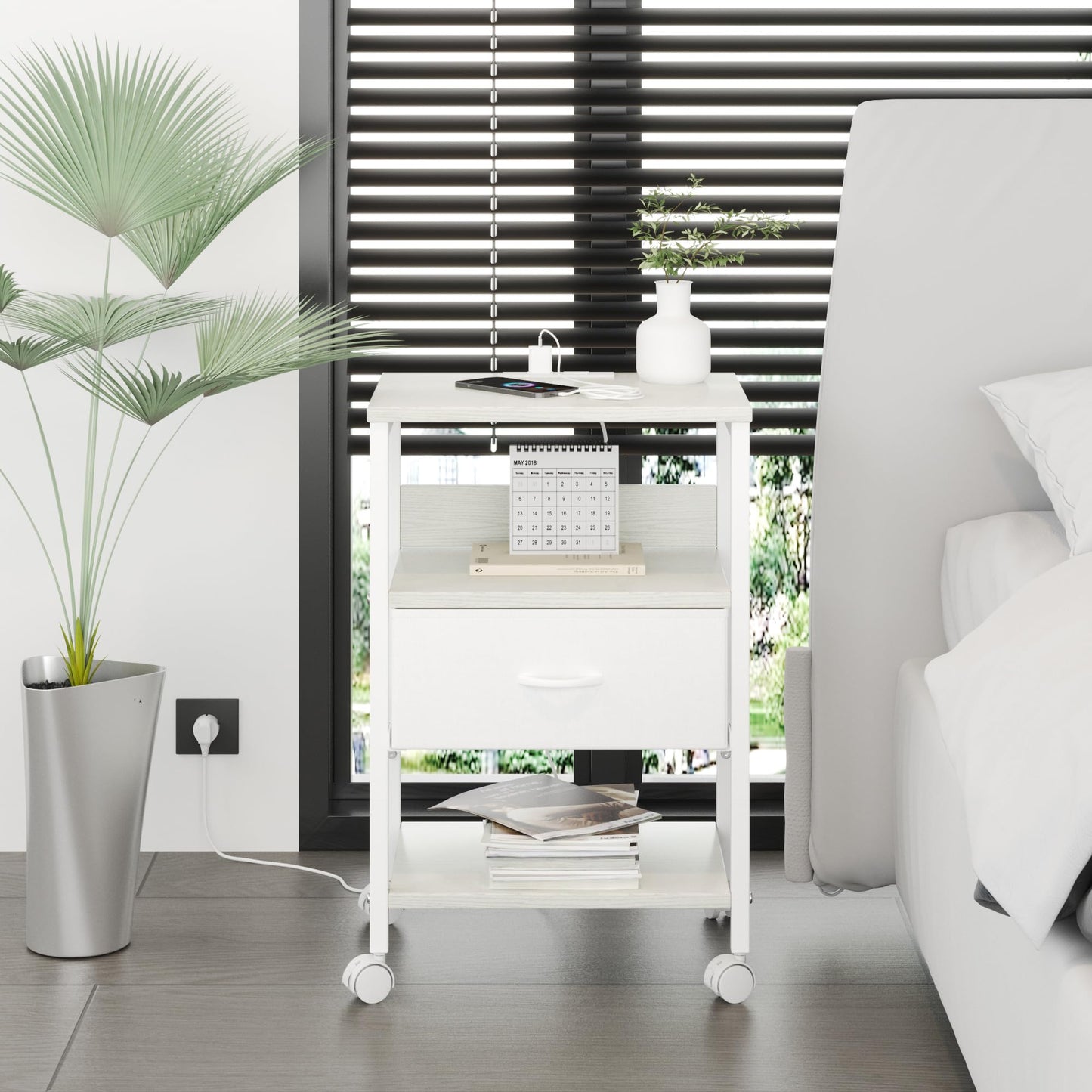 Lutown-Teen White Bedside Table with Charging Station & 4 Castor Wheels