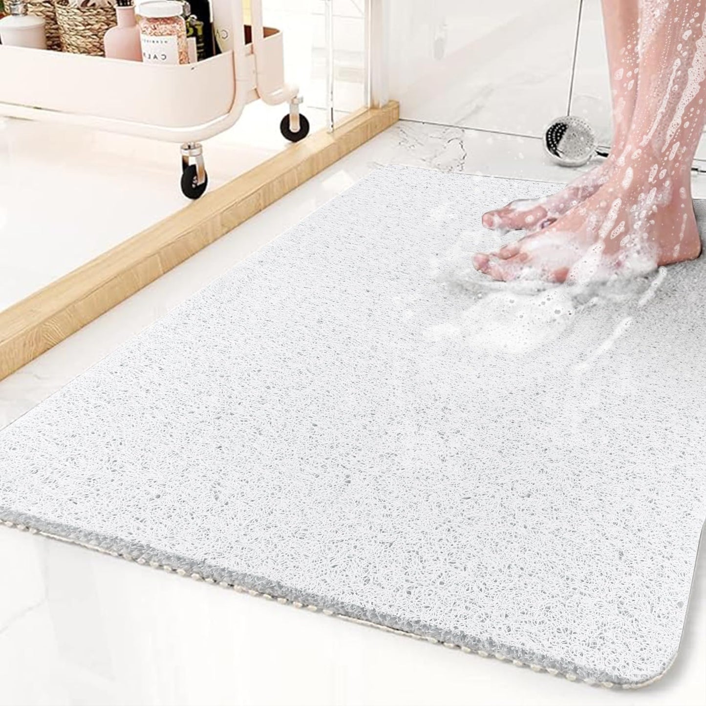 KAZOLEN Shower Mat Non Slip Anti Mould: Bath Mats for Inside Bath- 60 x 40 cm Anti Slip Shower Mats for Inside Shower- Loofah Shower Mat White Long
