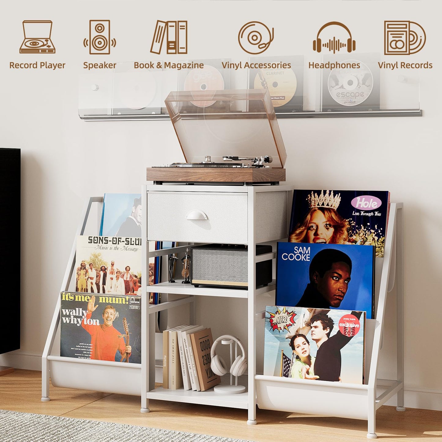 CAIYUN Record Player Stand Storage with 3-Tier and Fabric Drawer, Turntable Table Holds Up to 280 Albums, Bookshelf & CD Rack for Living Room