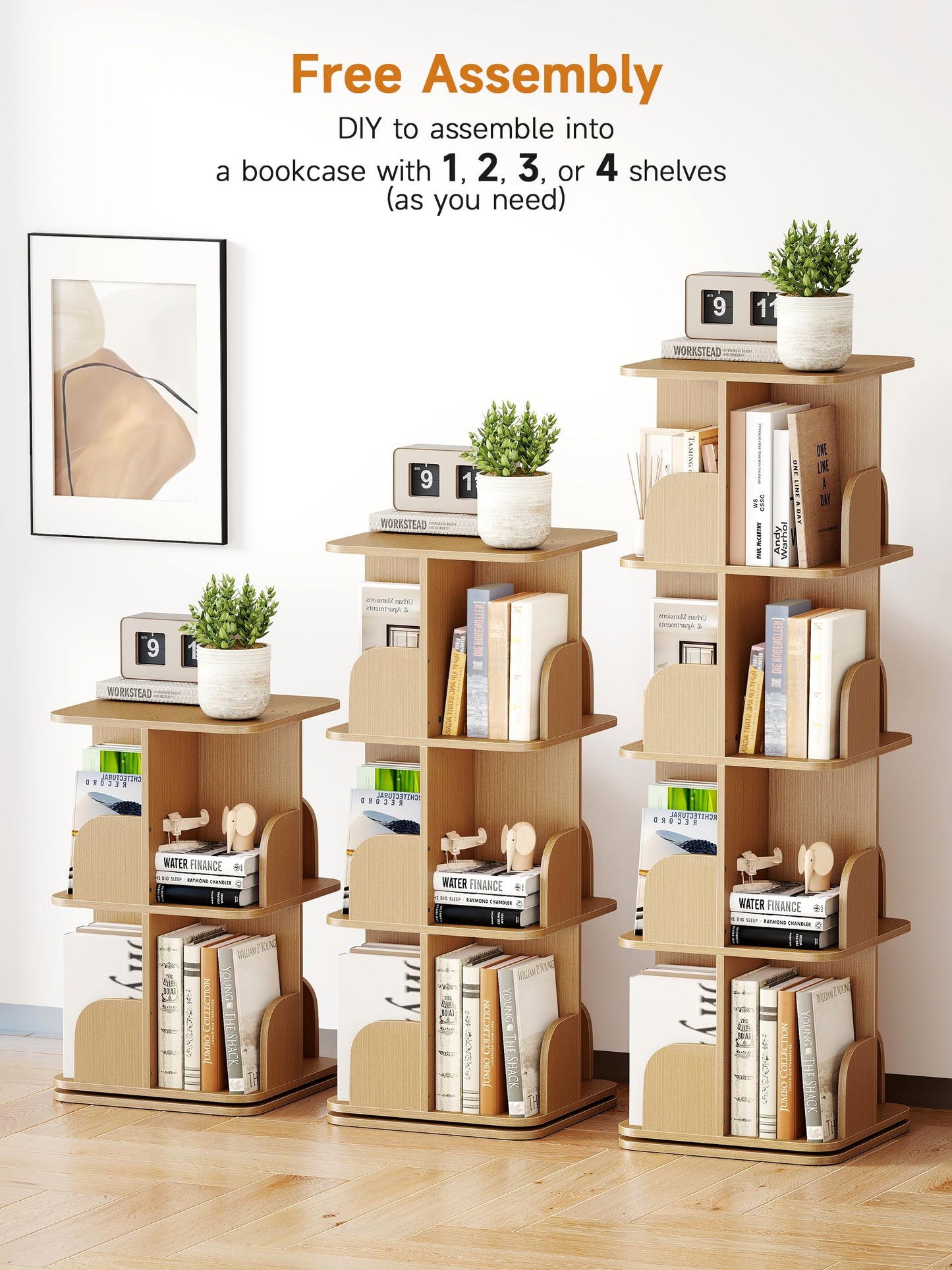 yeshine 4 Tier Rotating Bookshelf Wood Square Revolving Bookcase