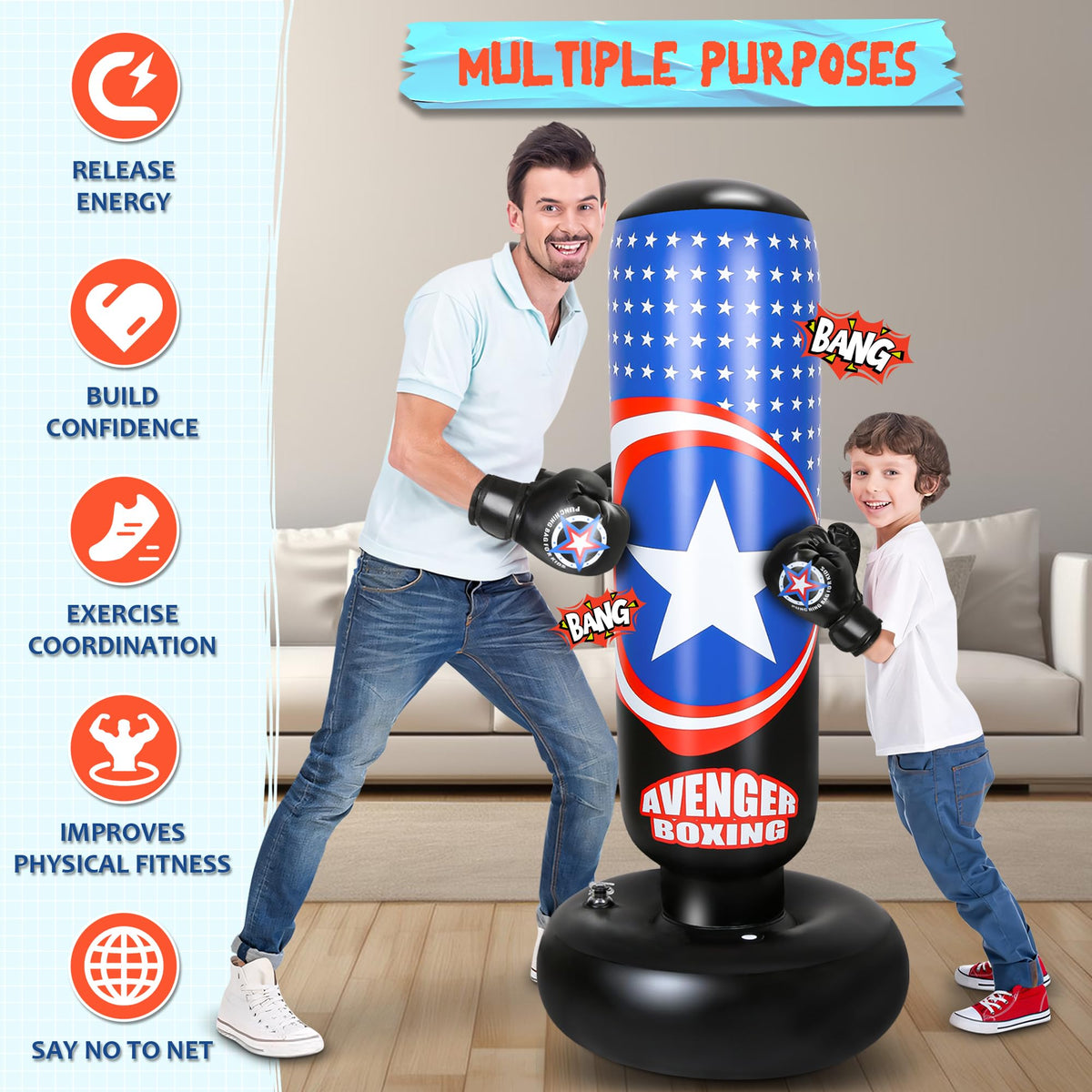 YasinKidz Punching Bag for Kids, 66 Inch Large Inflatable Kids Boxing Bag Set for Boys & Girls Age 3-14, Free Standing Punch Bag with Boxing Gloves