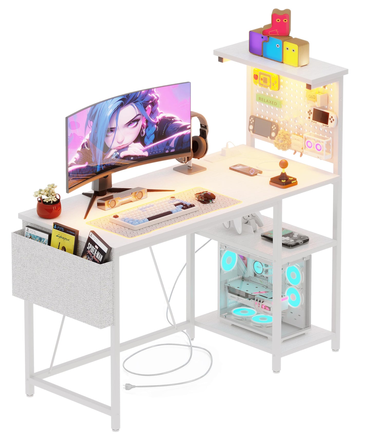 Xyphren Gaming Desk with Pegboard & Power Outlet & LED Light, Small Computer Desk with Reversible Shelves for Corner Home Office Desk, 140 * 50cm