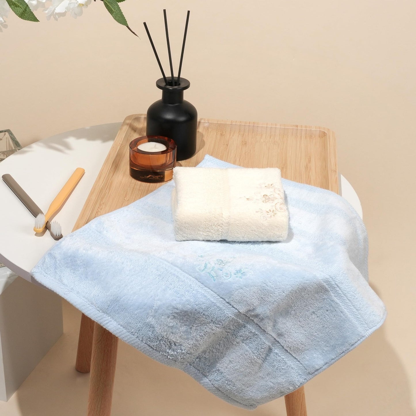 Vie TRIOMPHE Face Flannels Set of 2 Cotton Washcloths 34x35cm 100% Cotton High-Low Pile Embroidered Soft Absorbent Face Cloths Beige and Blue