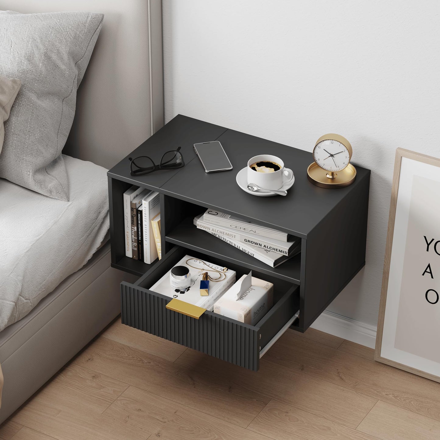 JERX Floating Bedside Table, Wall Mounted Nightstand with Storage Drawer Modern Wooden Bedside Table for Bedroom Black