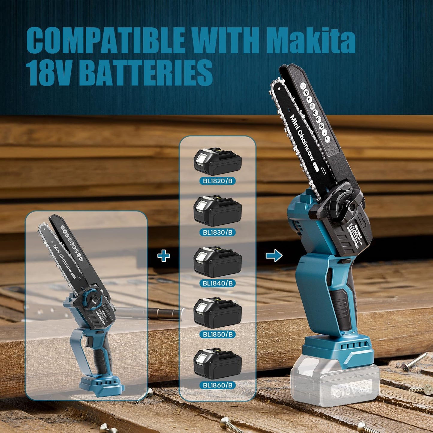 MIRTHBUY Mini Chainsaw Cordless 6&8 Inch,Chainsaw Electric Brushless,Upgrade Lubrication System,fit for Makita 18V,Portable Saw for Garden Courtyard