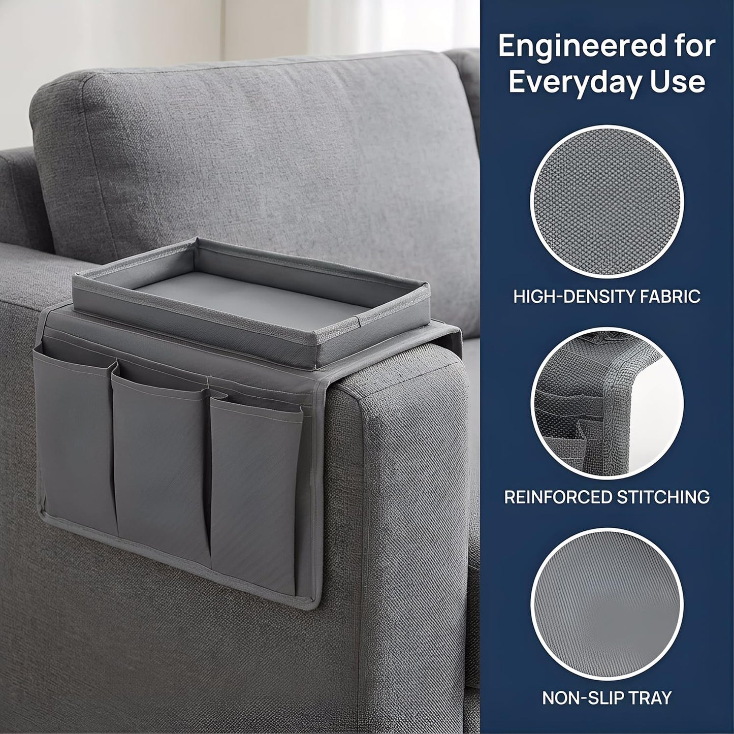 SIXHAOBU Sofa Armrest Organizer with Tray, Versatile Armchair Tray Waterproof Sofa Arm Chair Table Holder Non-Slip Armrest Organiser with 4 Bags for