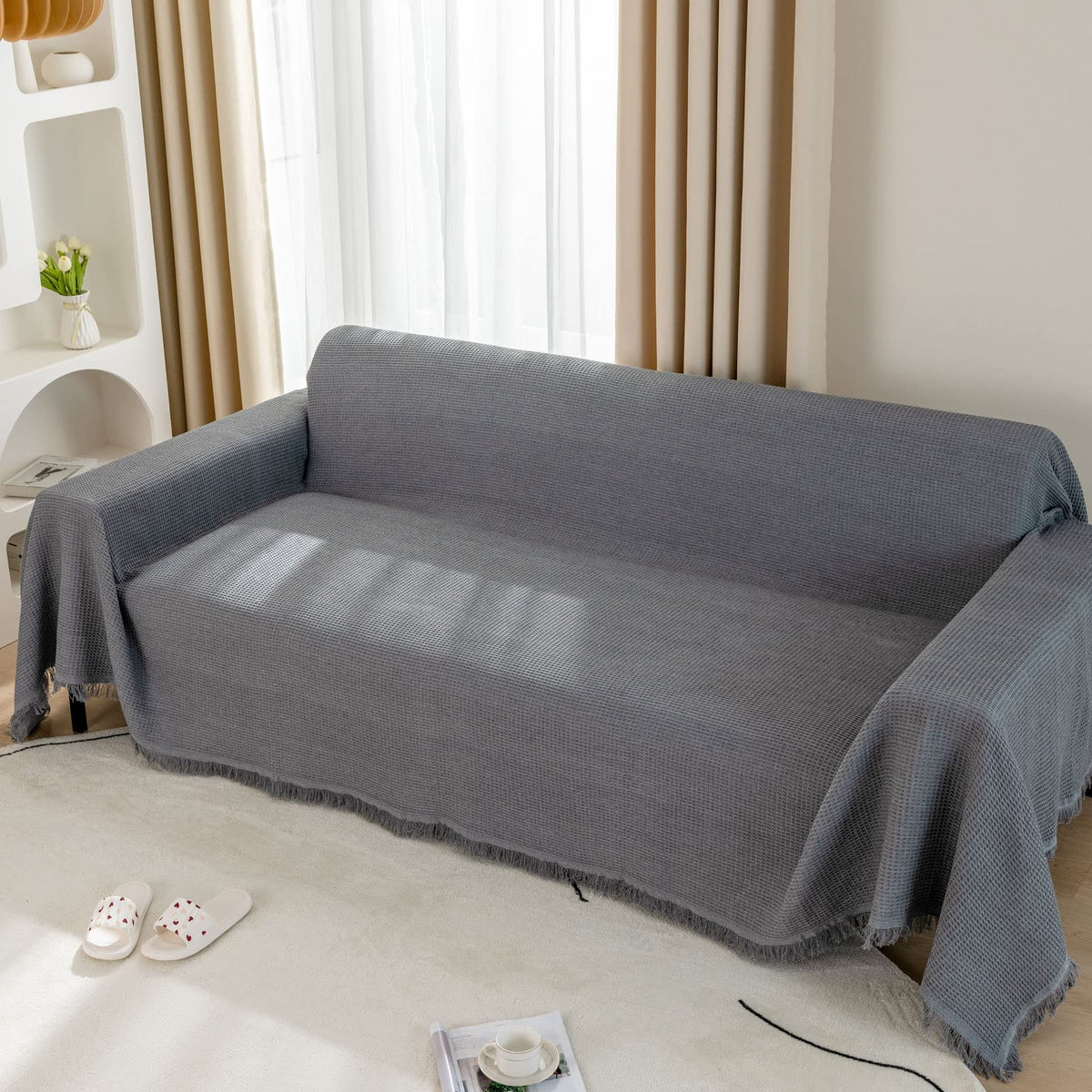 LHGOGO Woven Waffle Sofa Throw Large 3 Seater with Tassels - Reversible 180x300cm Throws for Sofas, Settees, Couch, and Armchair - Grey, 70.87 x