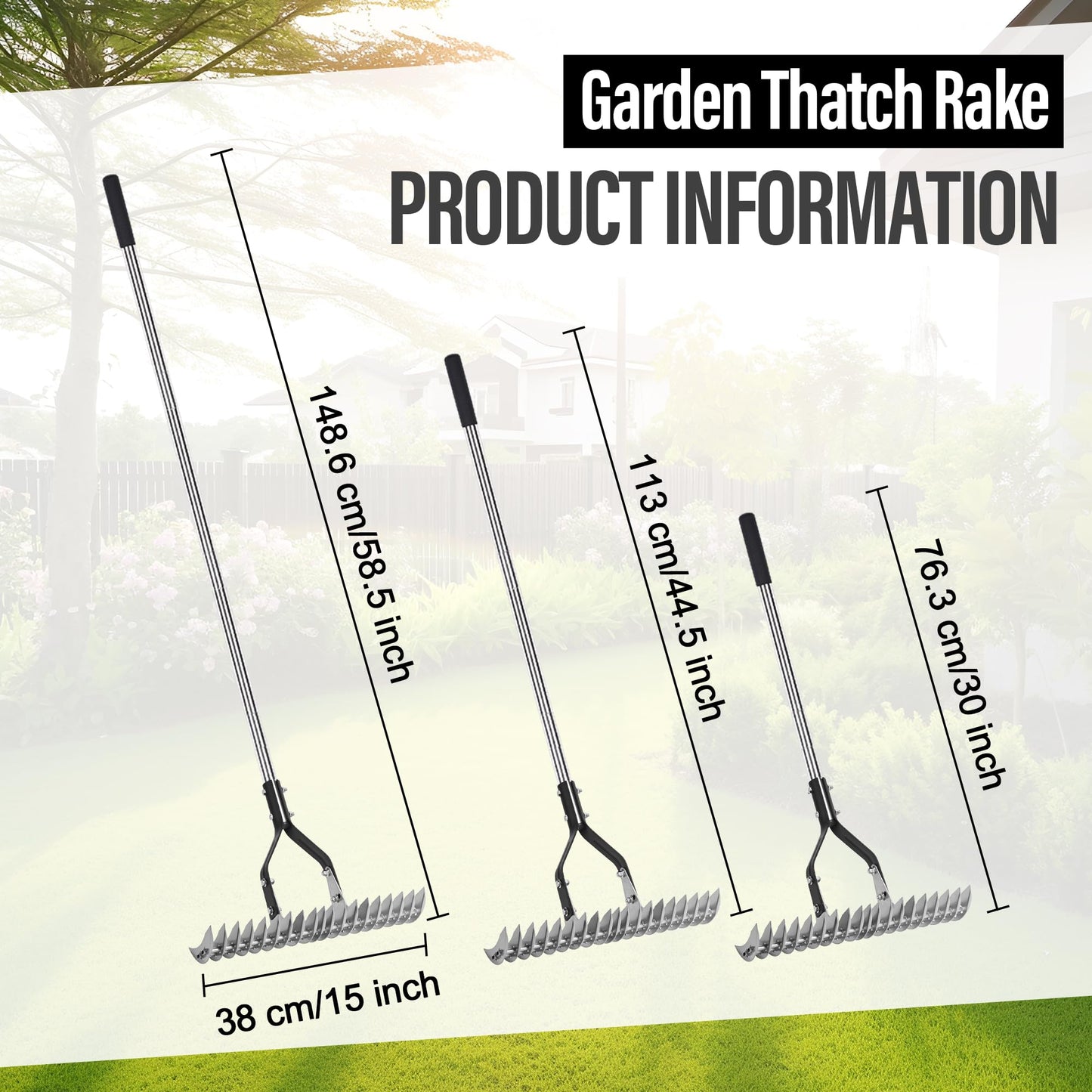 YEELOR Thatch Rake Landscaping Tools, 15 Inch Heavy Duty Garden Rake with Stainless Steel Handle, Lawn Loosening Soil Rake for Cleaning Dead Grass,