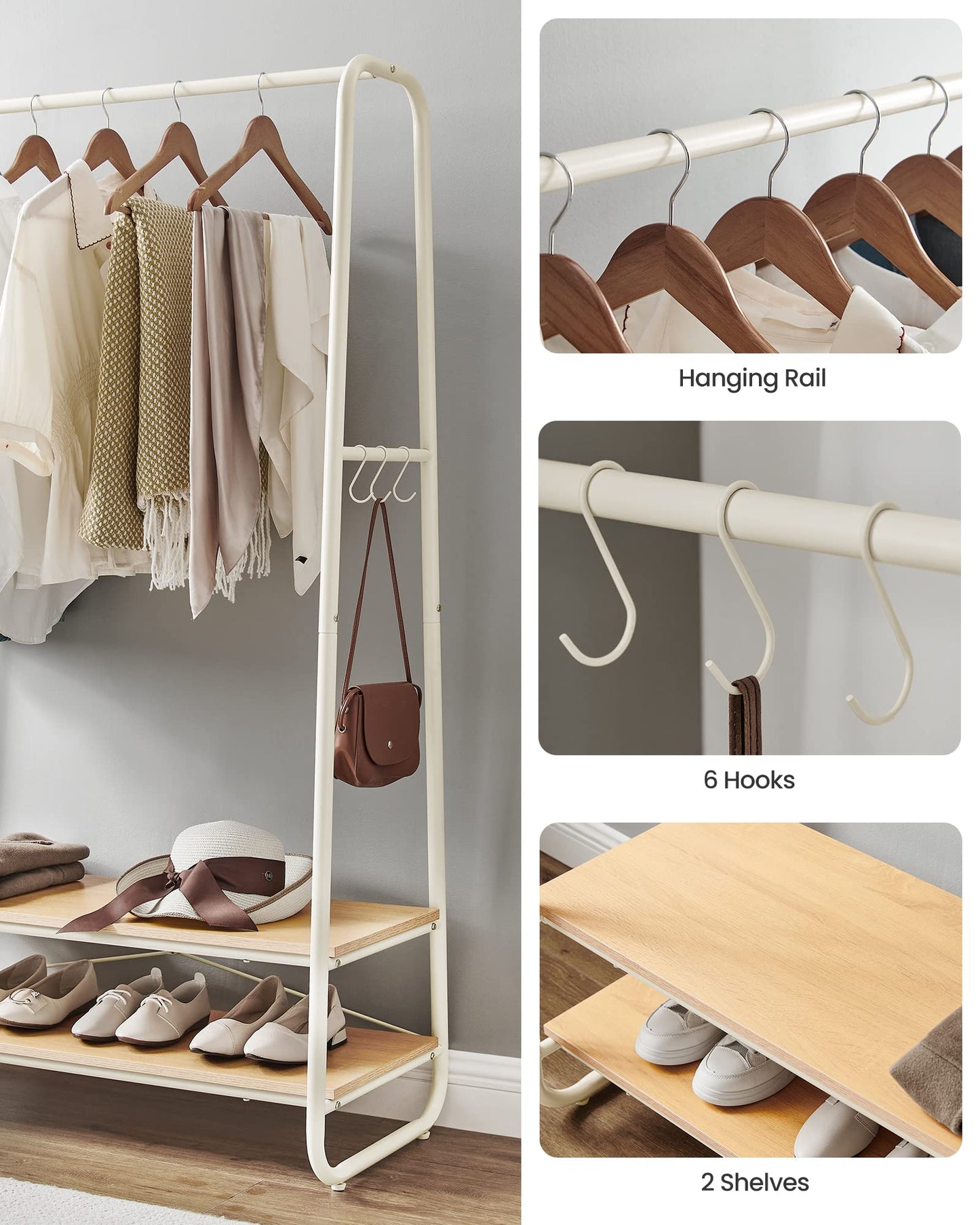 VASAGLE Clothes Rail, Clothes Rack with 2 Shelves, 6 S-Shaped Hooks, Steel Frame, for Bedroom, Oak and Cream White RGR112W09