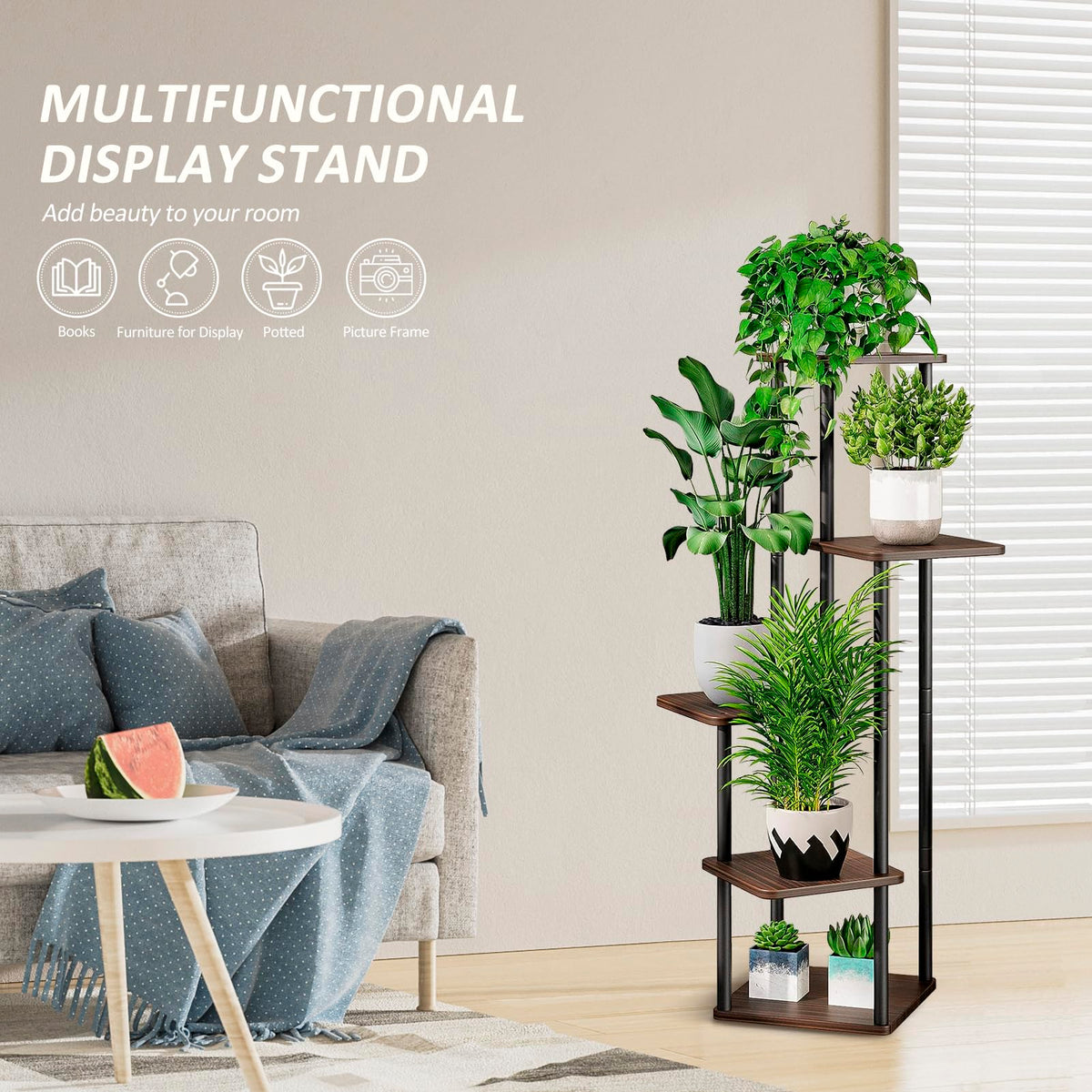 VASZOLA 5 Tier Wood Tall Plant Stand, Metal Rack with Multiple Flower Pot Holder Shelves, Planter Shelf Display Rack Storage Organizer for Balcony