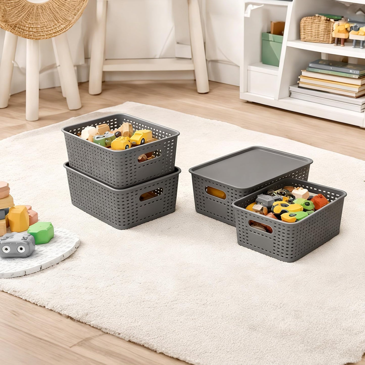 Xaztr 8 Pack Plastic Storage Basket with Lids, Stackable Storage Bins Containers, Decorative Storage Boxes Bulk for Organizing Shelves, Bathroom