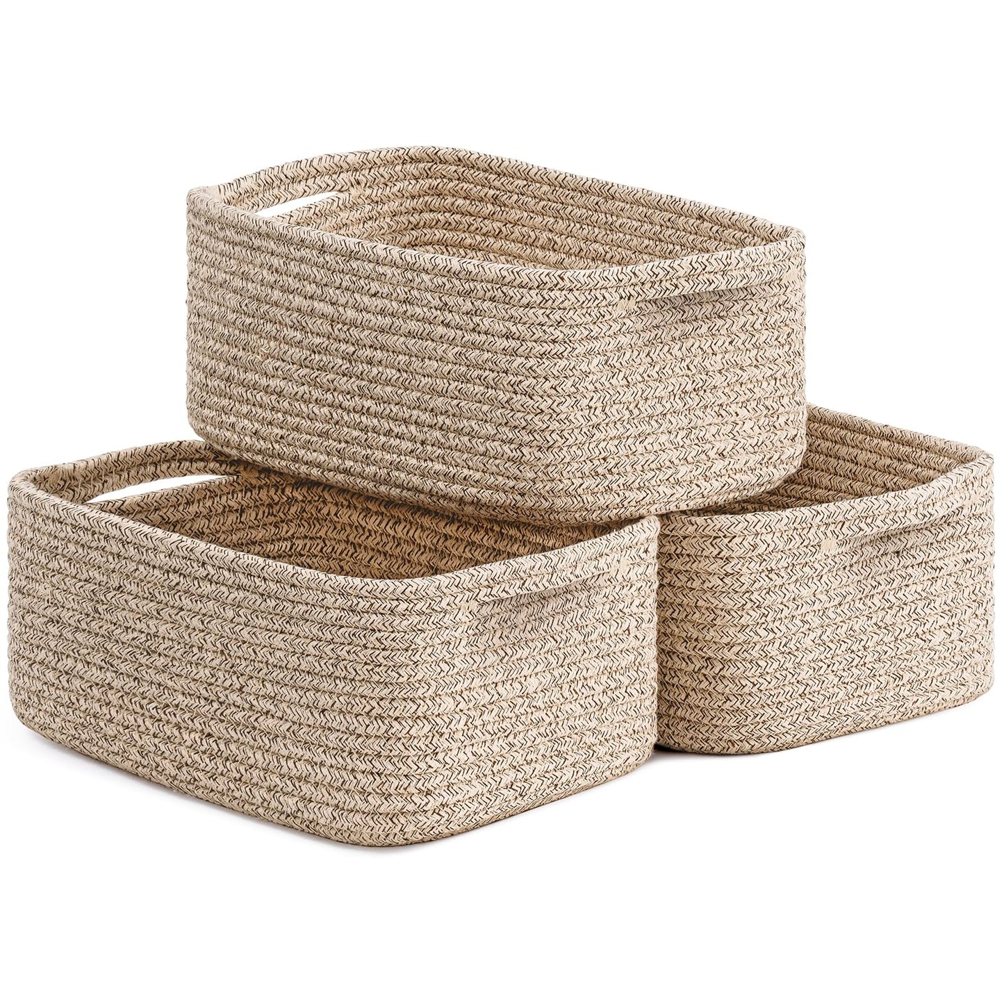TIMEYARD 3 Pack Small Woven Rope Shelf Basket Storage Basket White Brown