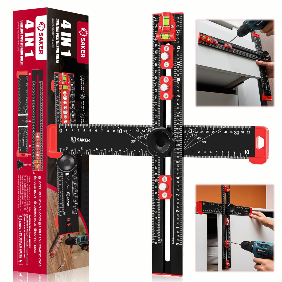 Saker 4-in-1 Drilling Positioning Ruler, Adjustable 13.78in T Square Ruler, Cabinet Hardware Jig, Marking Gauge Tools for Woodworking, Cabinet Drawer
