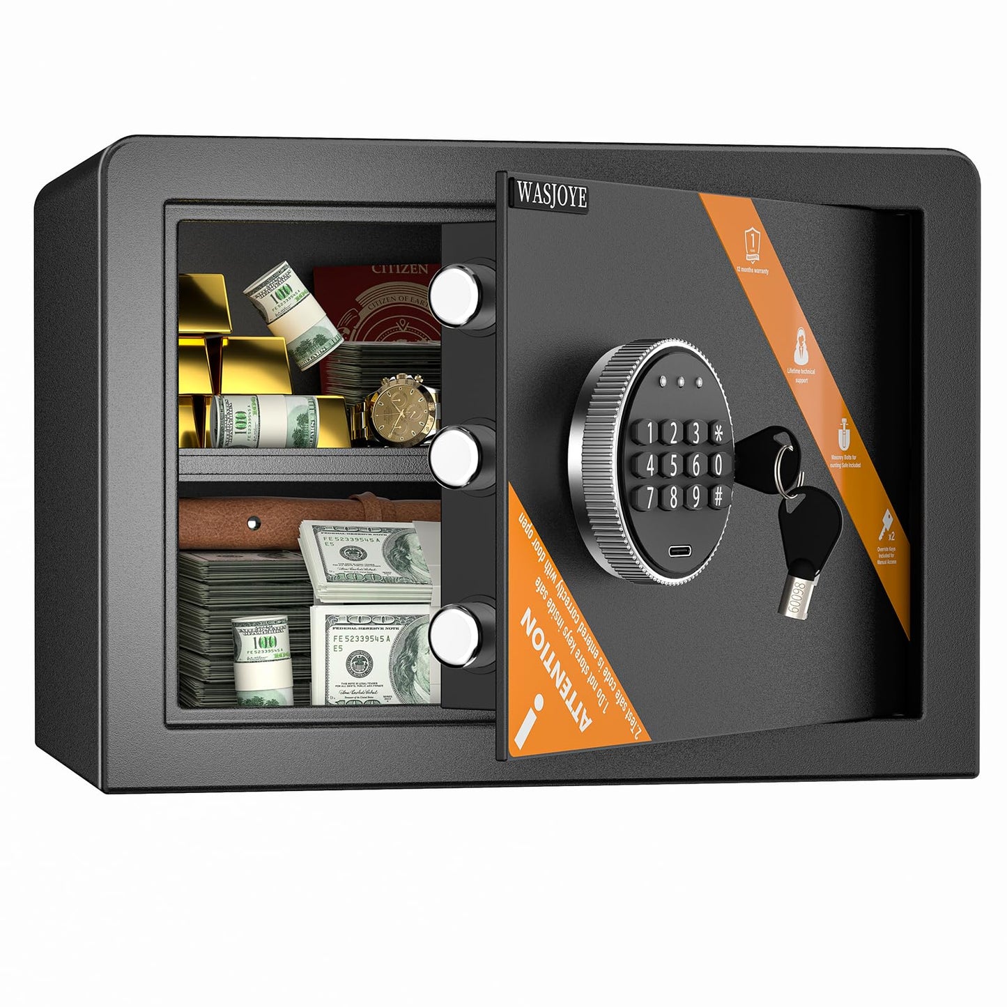 WASJOYE Safe Box, Money Safe Lock Box with Electronic Digital Keypad, Cabinet Security Safe with Keys for Home Office Hotel Business Jewelry Gun Cash