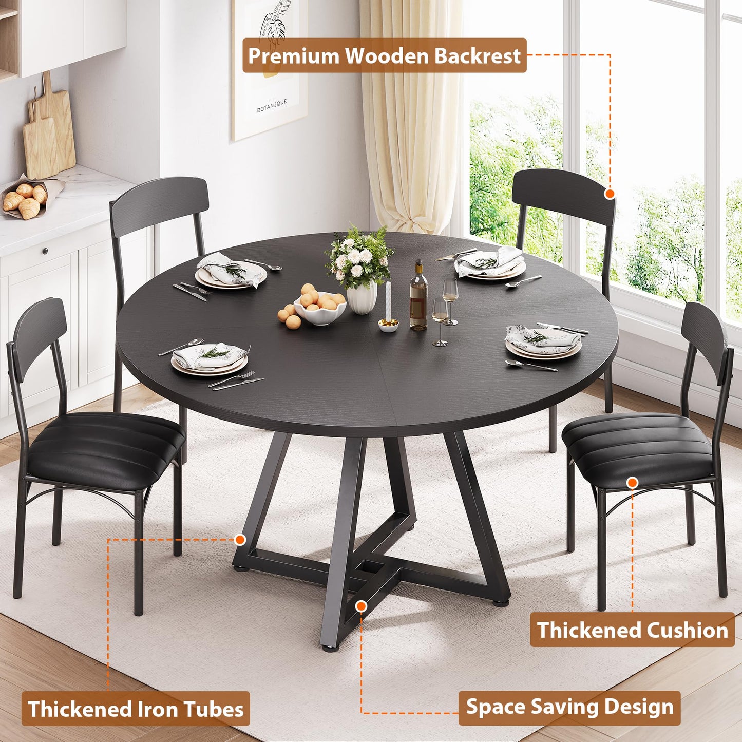 Jocoevol Round Dining Table and 4 Chairs Set of 4, Circle Dinner Table with Metal Frame, Space Saving Wood Industrial Furniture (Black, 42 inch)