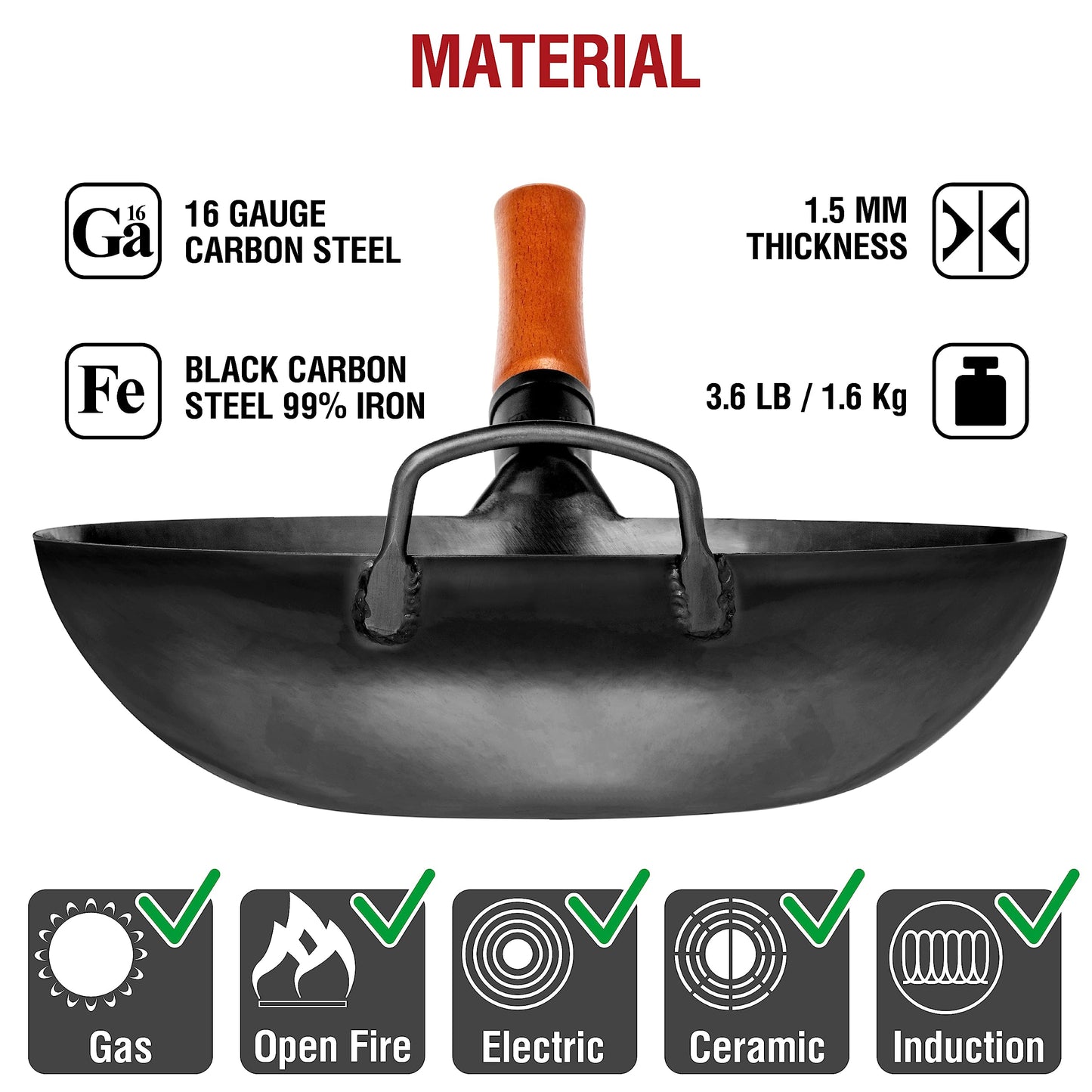 YOSUKATA Carbon Steel Wok Pan  34 cm Woks and Stir Fry Pans - Chinese Wok with Flat Bottom Pow Wok - Traditional Chinese Japanese Woks - Black Steel