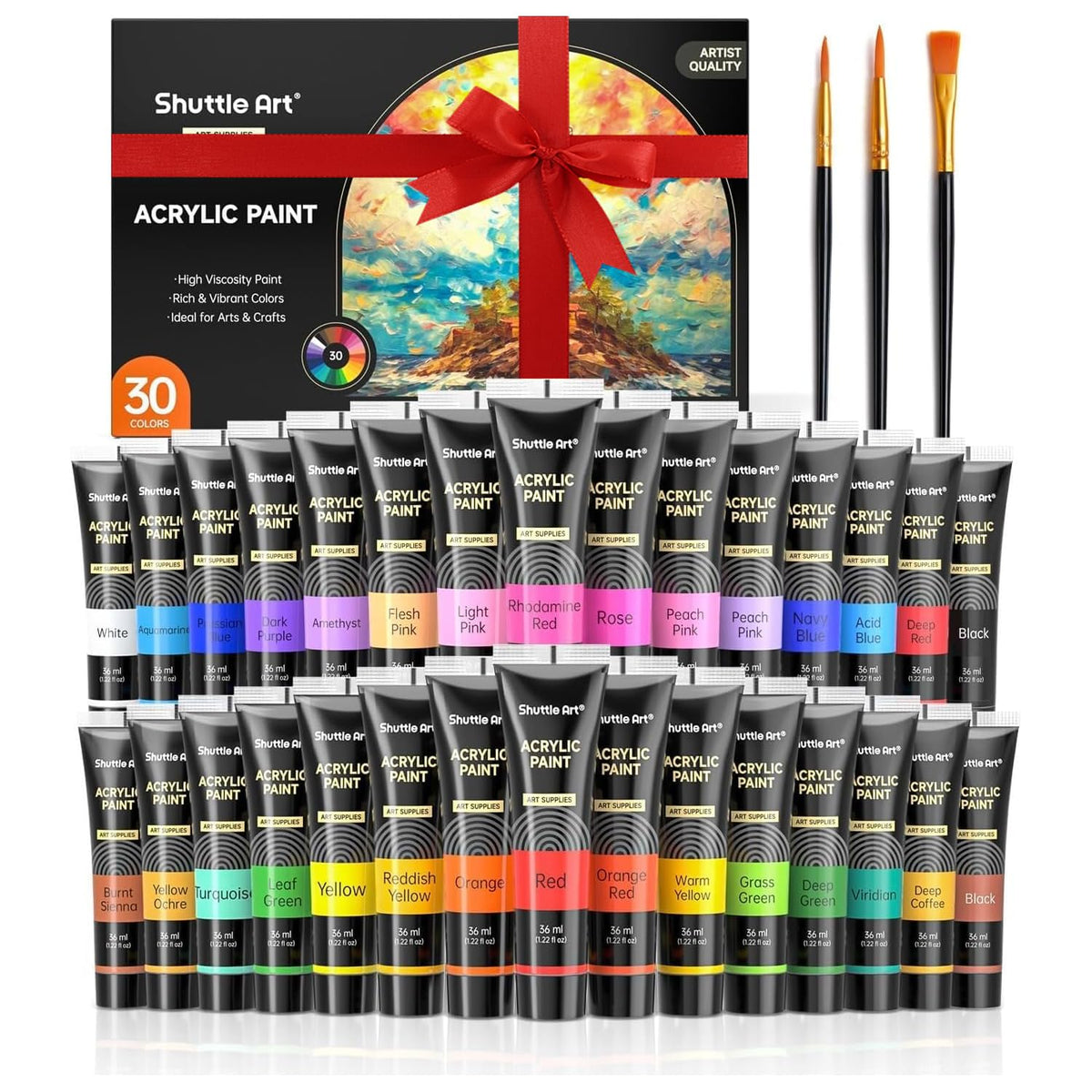 Shuttle Art Acrylic Paint Set, 30 Colours Acrylic Paint in Tubes (36ml) with 3 Brushes, Artist Grade, Rich Pigments, Non-Toxic for Artists, Beginners