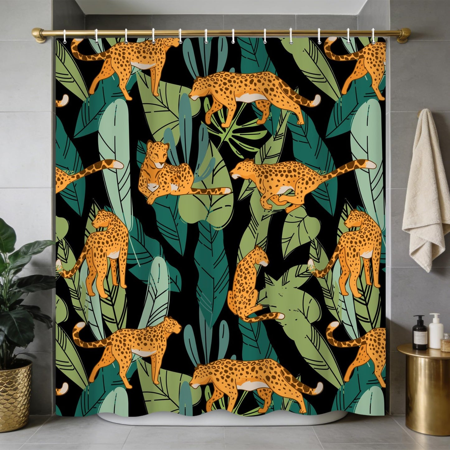 Ttincceer 183x188cm Jungle Leopard Shower Curtain Safari Wildlife Animal Tropical Palm Leaves Bathroom Decorative Water Resistent Boho Modern Nature
