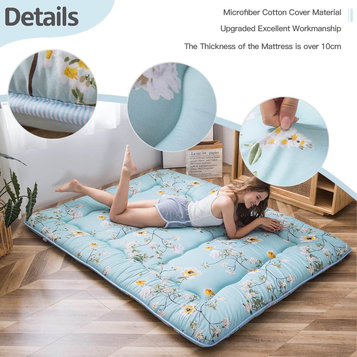 MAXYOYO Japanese Floor Futon Mattress, Thicken Tatami Mat Sleeping Pad Foldable Roll Up Mattress Dormitory Mattress Pad Floor Lounger Pillow Bed