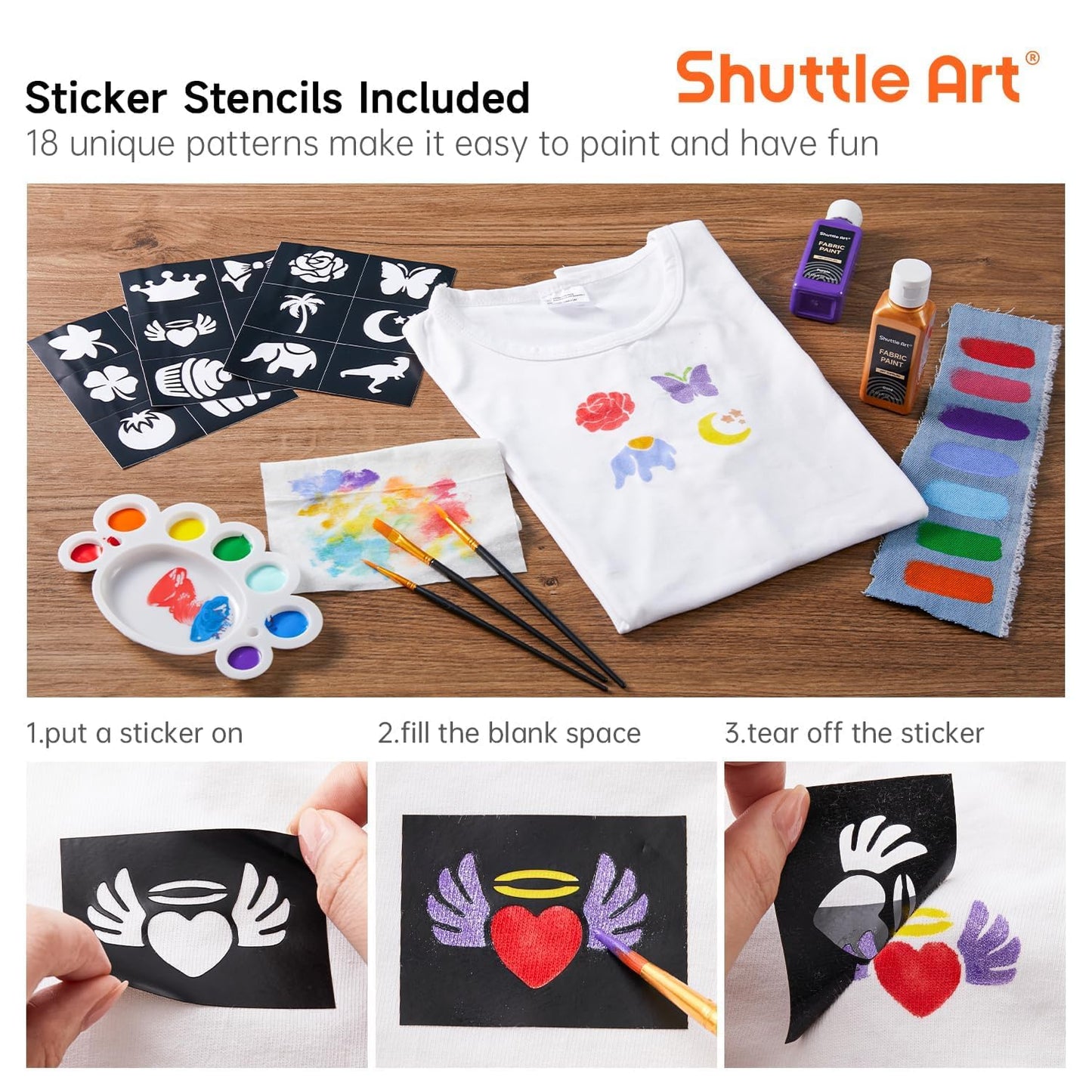 Shuttle Art Fabric Paint Permanent for Clothes, 24 Colours Fabric Paints in Bottles (60ml/2oz) with Brushes, Palette, Stencils, Non-Toxic Textile