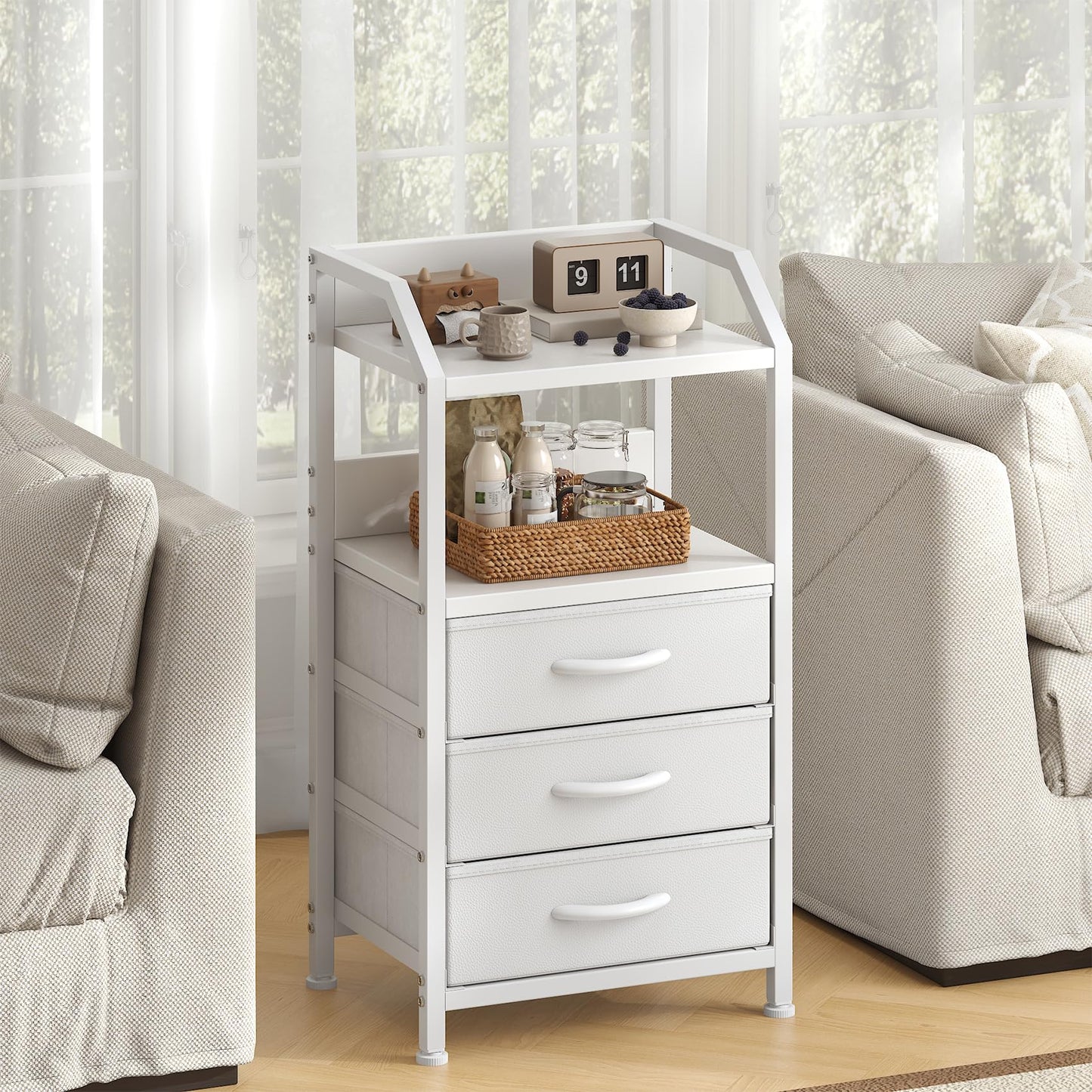 Feonase Bedside Table with 3 Fabric Drawers and Open Shelf, Nightstand for Bedroom, Living Room, Small Spaces – Metal Frame & Wooden Top