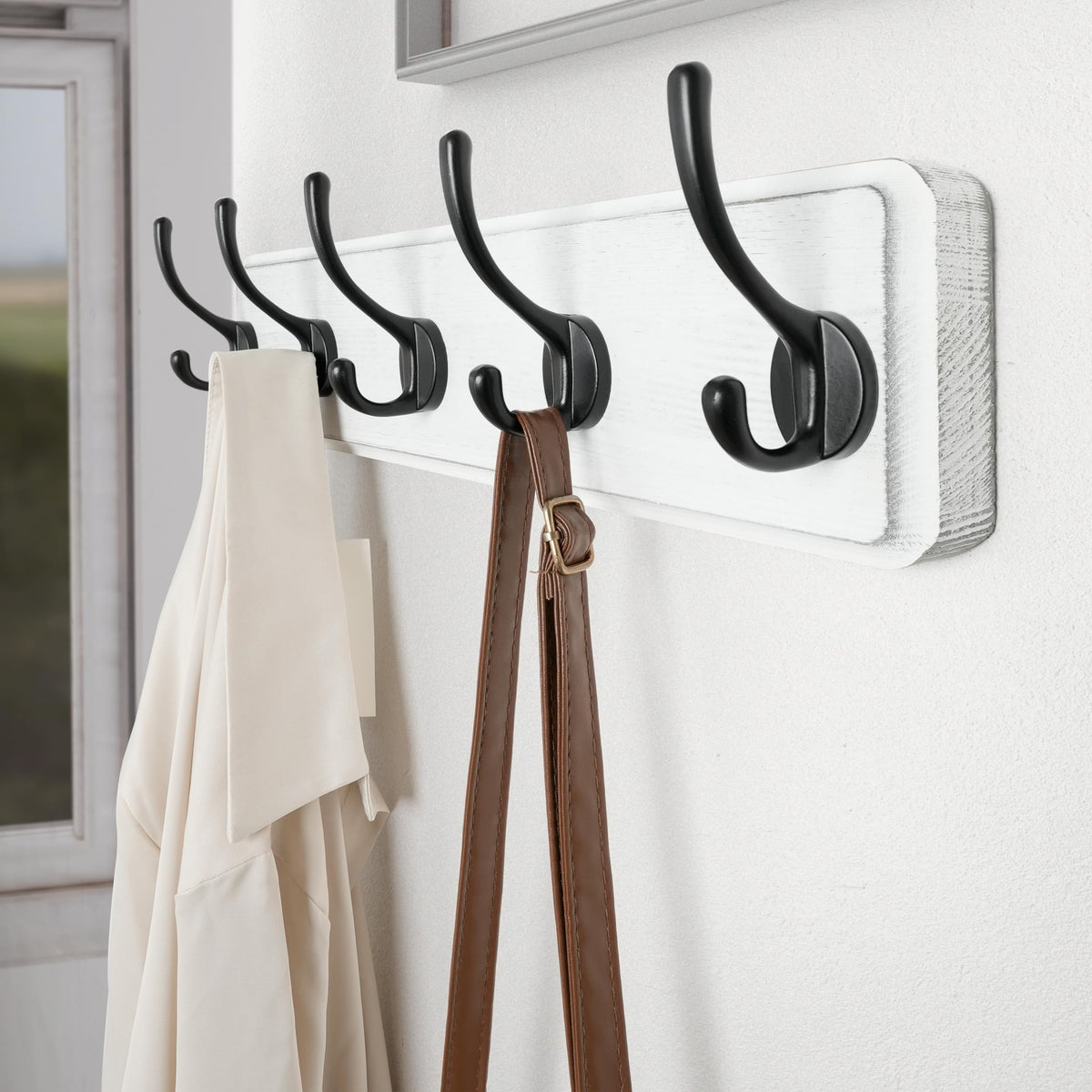 SKOLOO Farmhouse Style Wall Mounted Coat Rack, Pack of 2, Pine Solid Wood Coat Hook Hanger - 5 Hooks for Hanging Clothes Robes Towels Coats