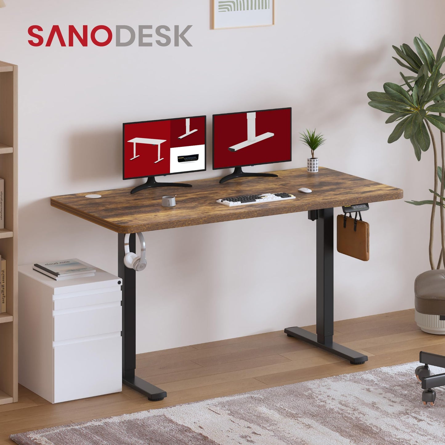 SANODESK 140 * 60 Electric Standing Desk Height Adjustable Desk with Cable management Tray Sit Stand Table with 4 Memory Smart Pannel