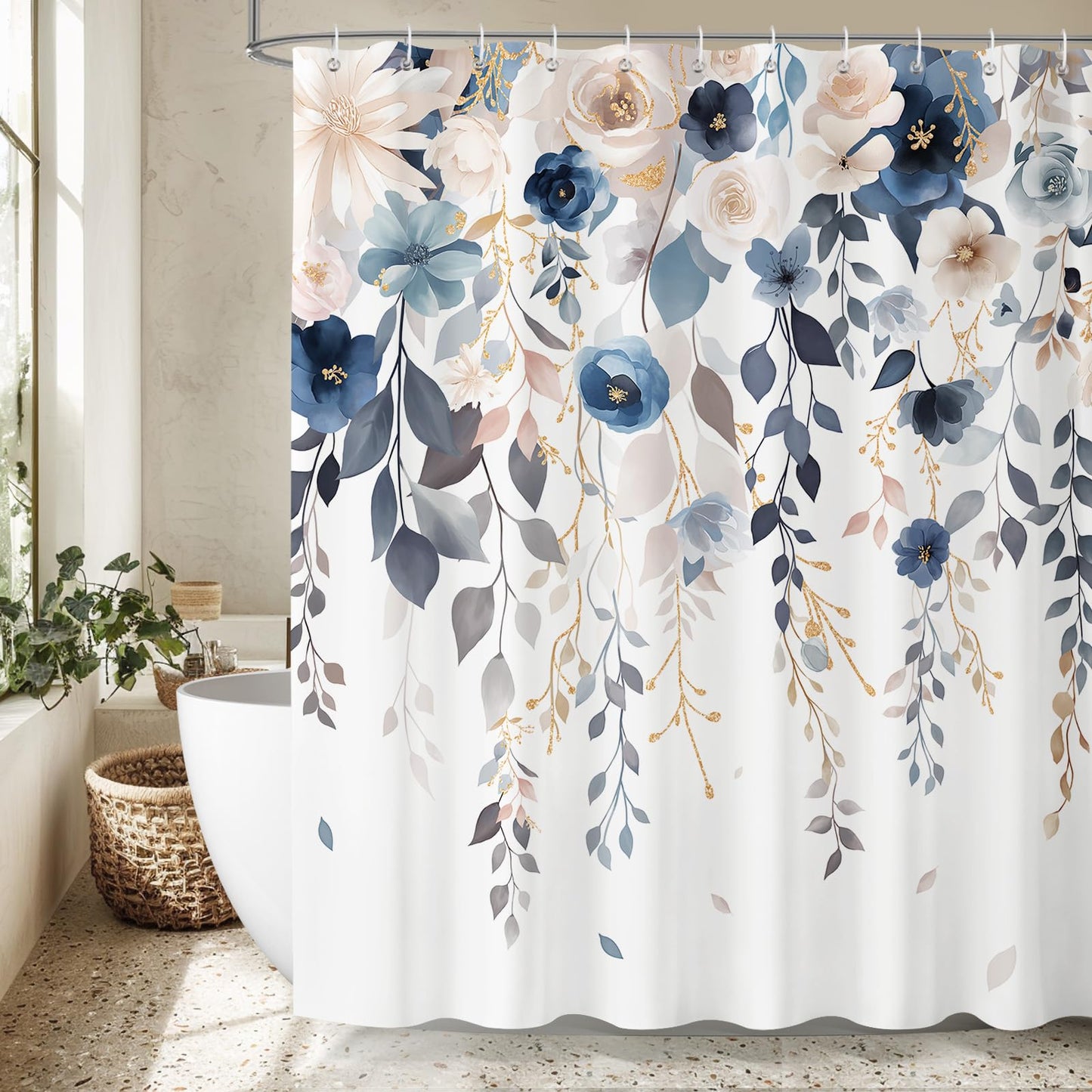 Dazzlewall Blue Pink Floral Shower Curtain 180 x 180 cm, Colourful Flowers Leaves Plants Shower Curtain for Bathroom, Waterproof Mildew and Mould