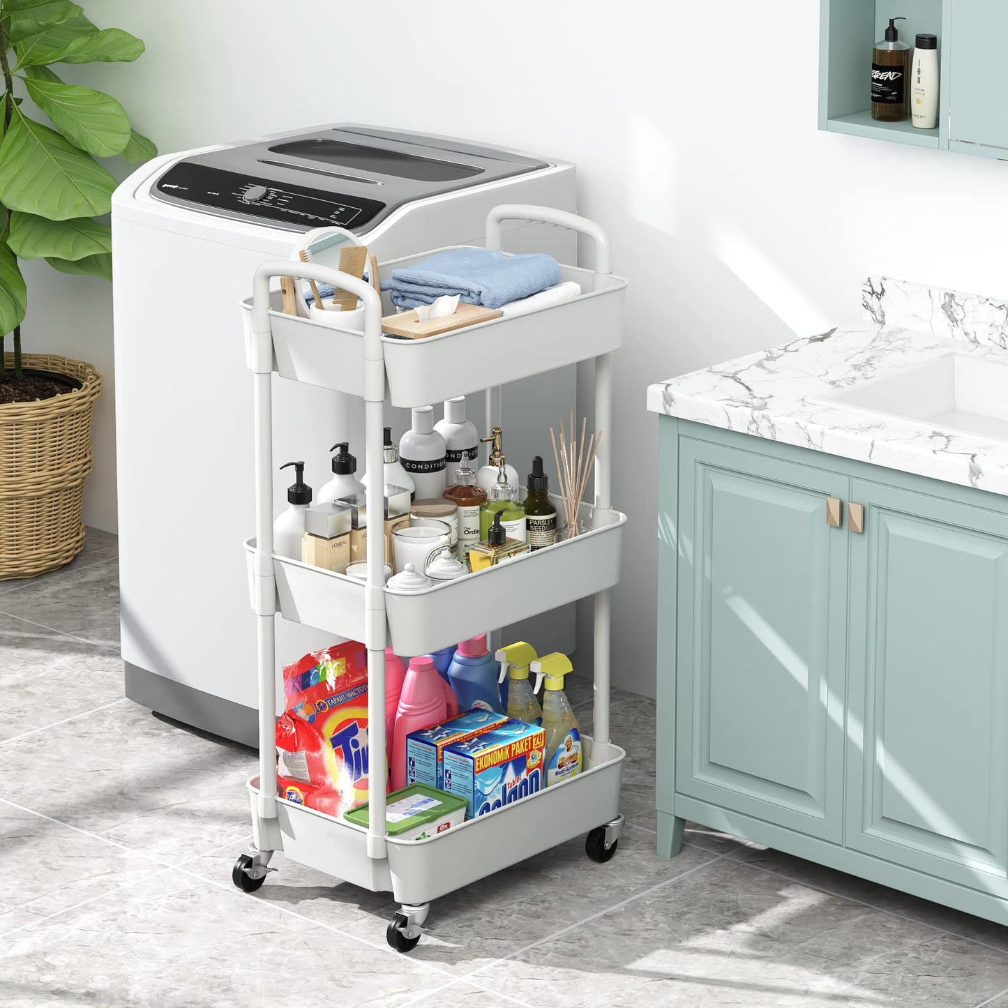 Sywhitta 3-tier Plastic Storage Trolley on Wheels, Kitchen Storage Utility Cart, Rolling Storage Rack for Bedroom, Bathroom, Office, White
