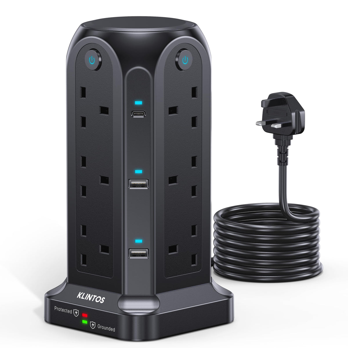 Tower Extension Lead 2M, 12 Way Extension Tower with 6 USB Slots (2 Type C & 4 USB A), [13A 3250W]Surge Protection Extension Lead with 4 Independent