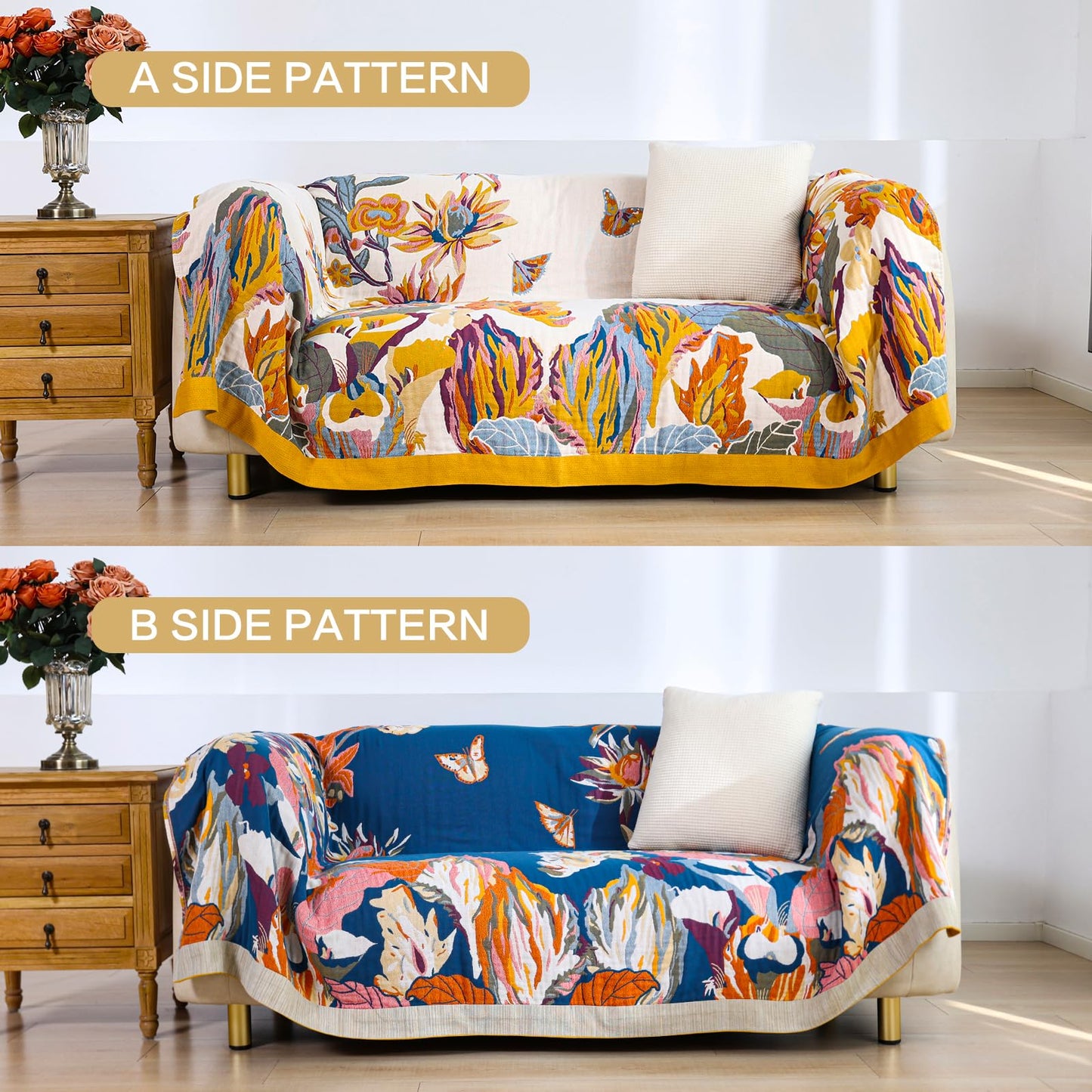 VANJOROY Double-sided Sofa Large Bed Throw Blanket, 100% Pure Cotton Soft Warm Bohemian Armchair Throw for 2 3 Seater Settees Couch and Bed,
