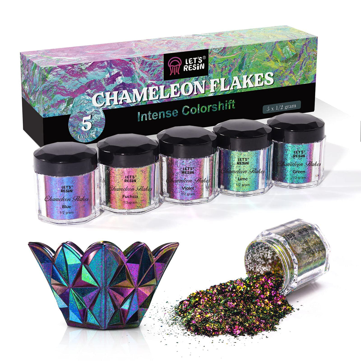 LET'S RESIN Chameleon Flakes, 5 Color Intense Colorshift Pigments Powder for Resin Crafts/Tumblers, Chrome Powder Pigment for Nail Art/Paints/Soap