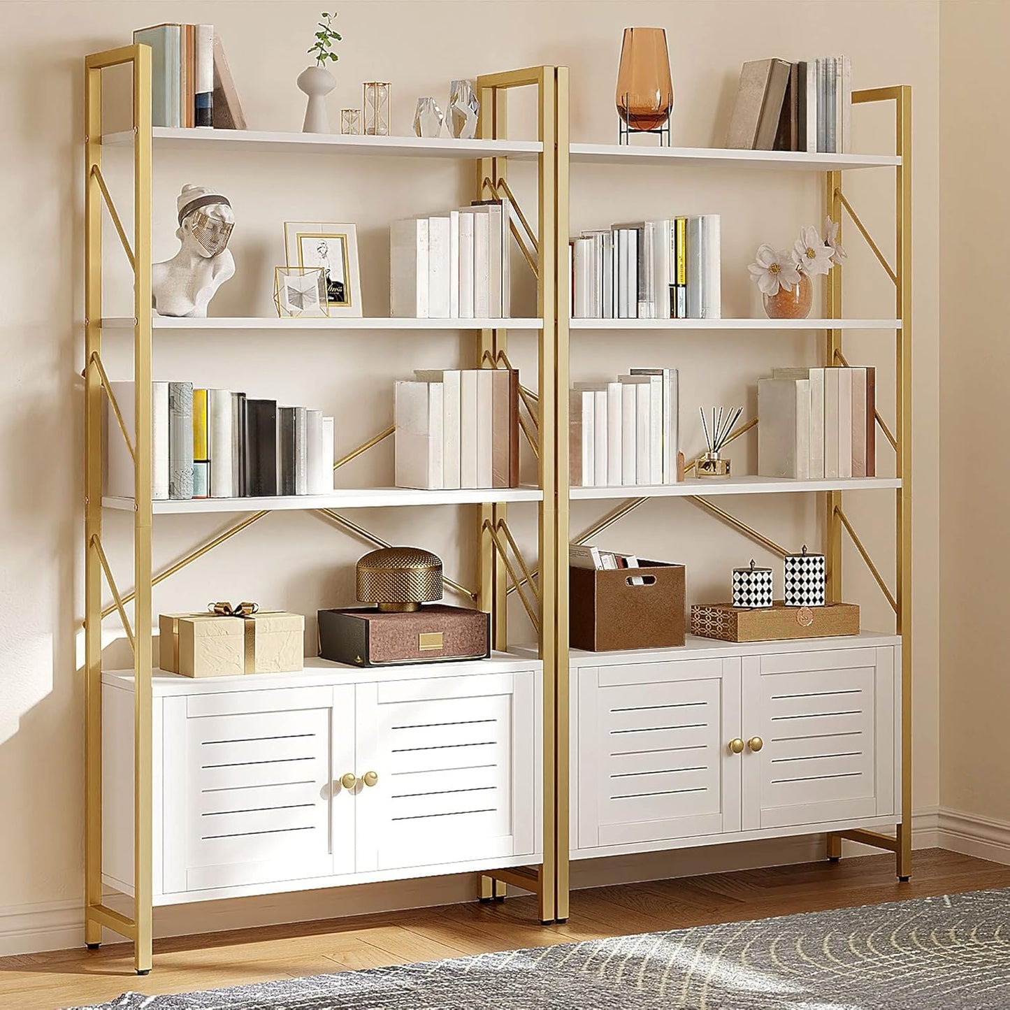 YITAHOME Bookcase with Storage Cabinet, Standing 5 Tiers Book Shelf Display Rack with Doors for Bedroom Living Room Office,White&Gold