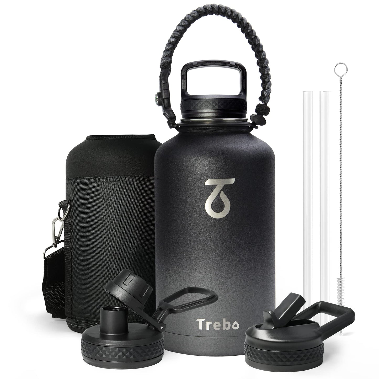 Trebo Stainless Steel Water Bottle 2L, Wide Mouth Insulated Water Bottle Double with Paracord Handle Sports Bottle Keep Cold 48 Hours Water Bottle