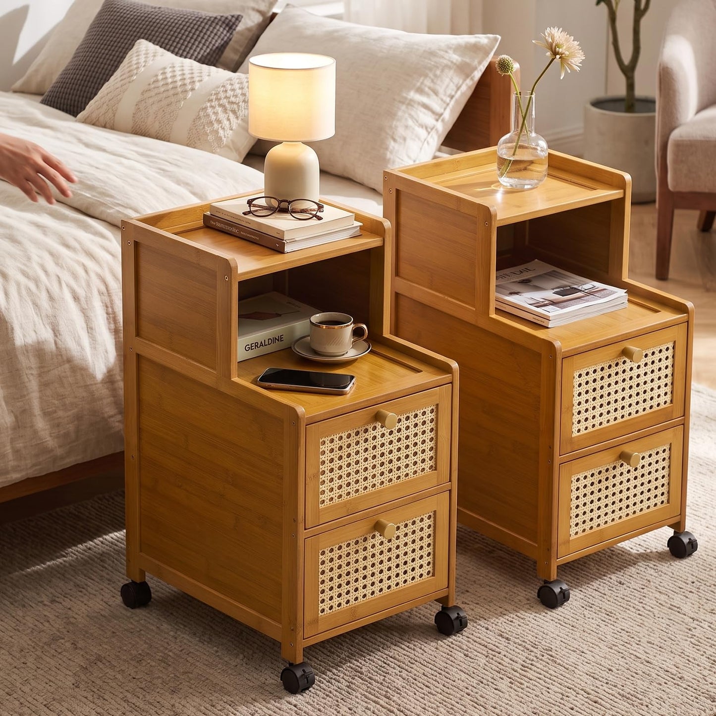 VAVVIP Bamboo Bedside Table Slim with Drawer, Set of 2 Small Narrow Side End Tables for Bedroom