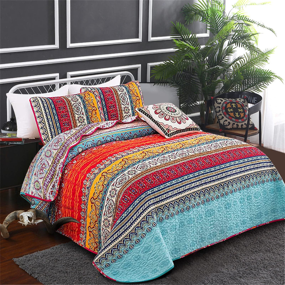 WONGS BEDDING King Size Reversible Bohemian Bedspread with 2 Pillowcases Boho Striped Bedspread Coverlet for All Season Soft Microfiber Quilt