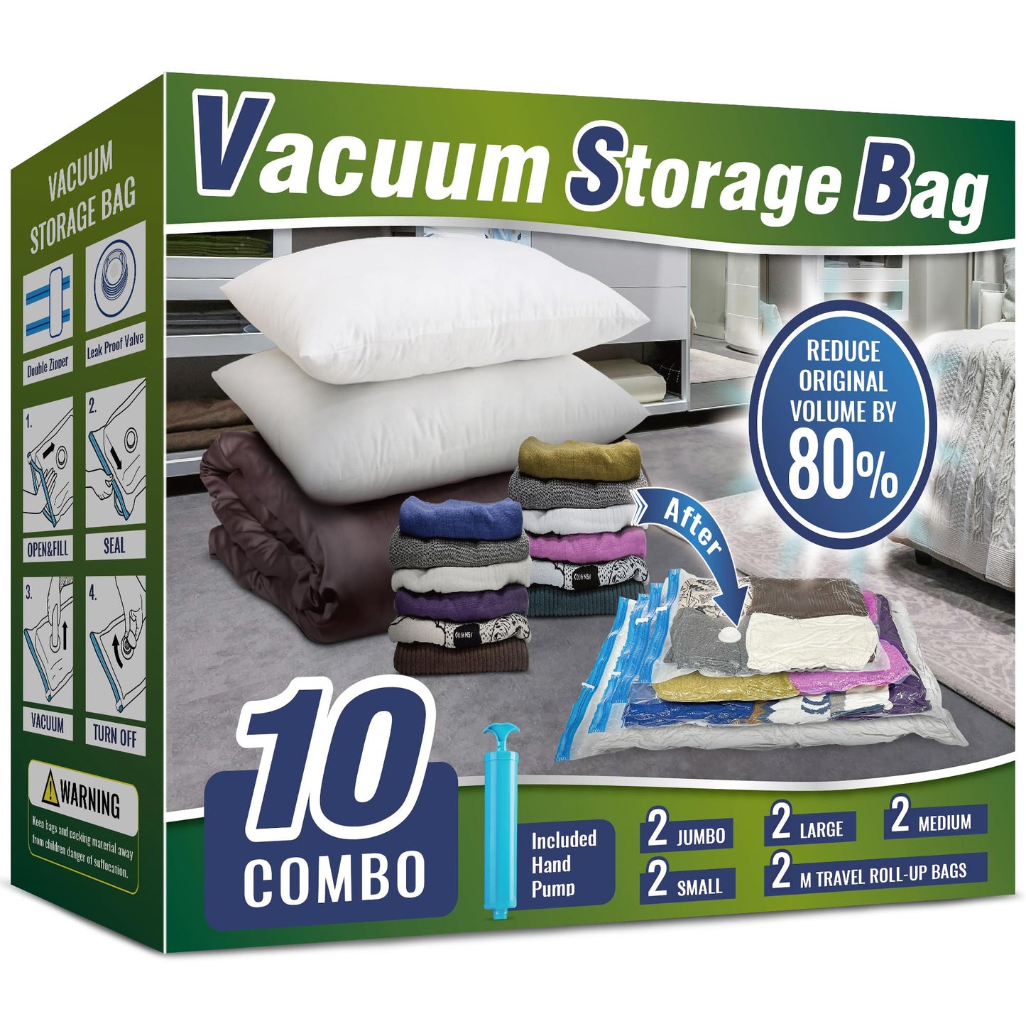 Oumaru Vacuum Storage Bags for Clothes, Vacuum Bags, Space Saver Bags for Clothes, Duvets and Pillows, Hand Pump Included, 10 Combos