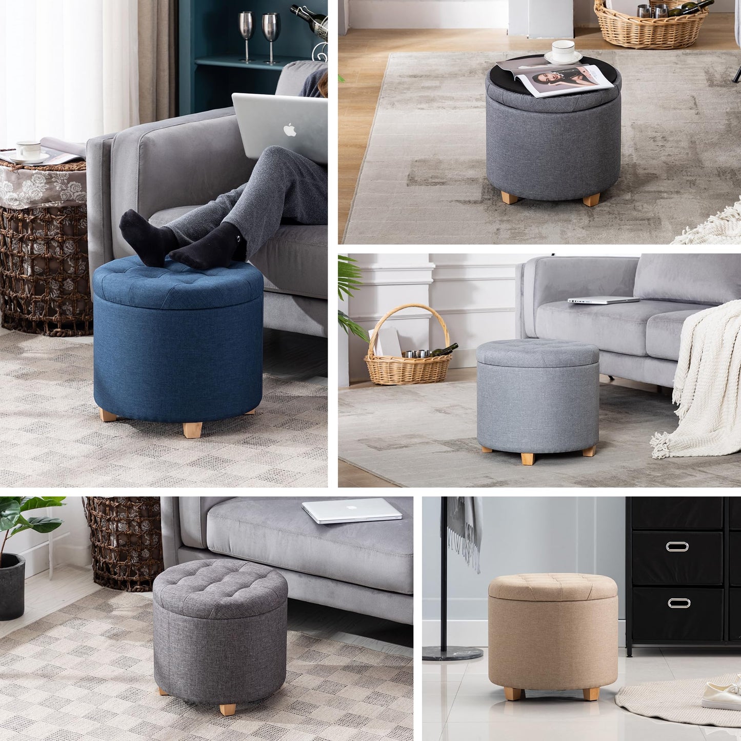 HNNHOME 45cm Round Linen Padded Seat Ottoman Storage Stool Box, Footstool Pouffes Chair with Lids (Pearl River)