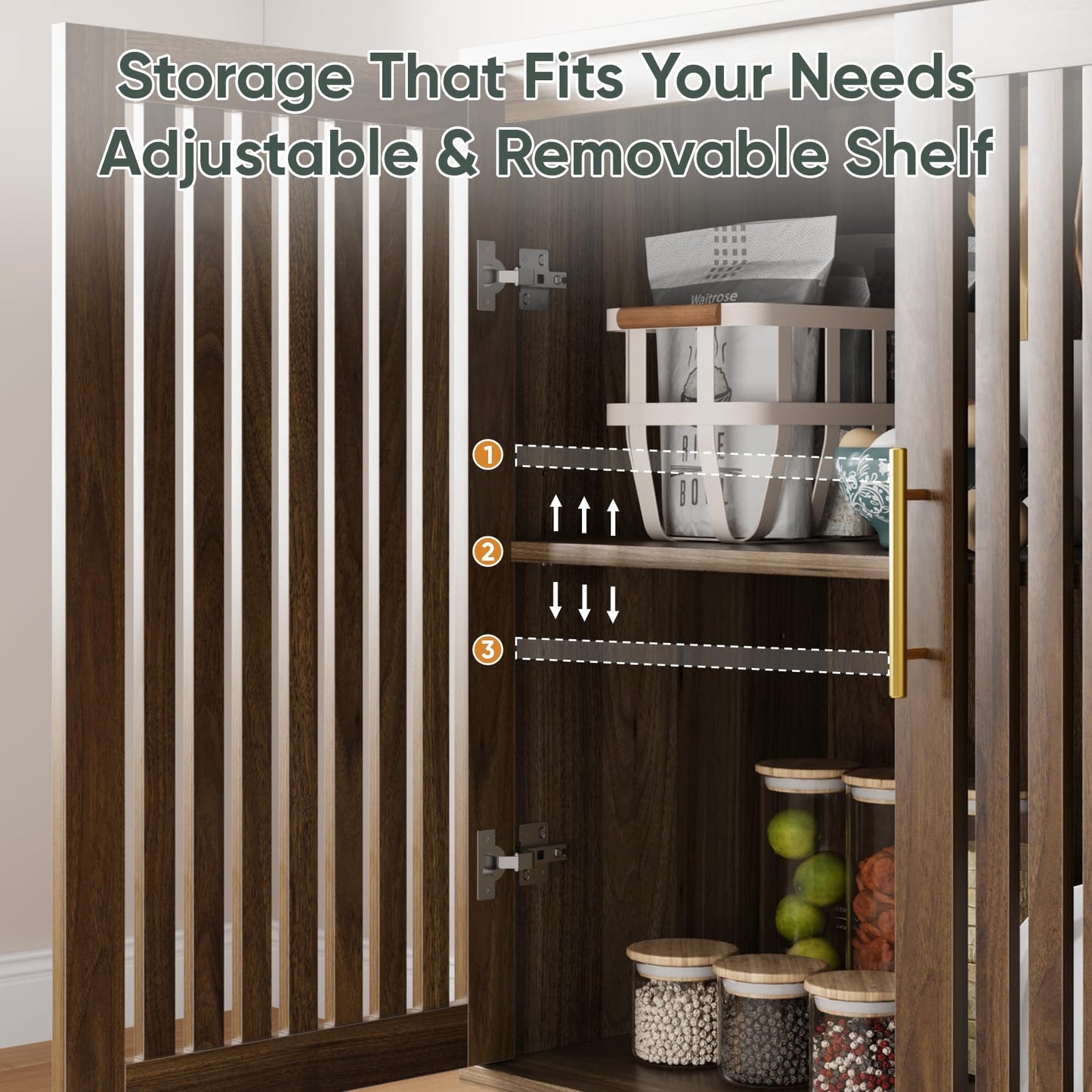 Smart FENDEE Sideboard Cabinet, Farmhouse Buffet Cabinet with Slatted Doors & Adjustable Shelf, Coffee Bar Storage Cabinet for Kitchen, Dining Room