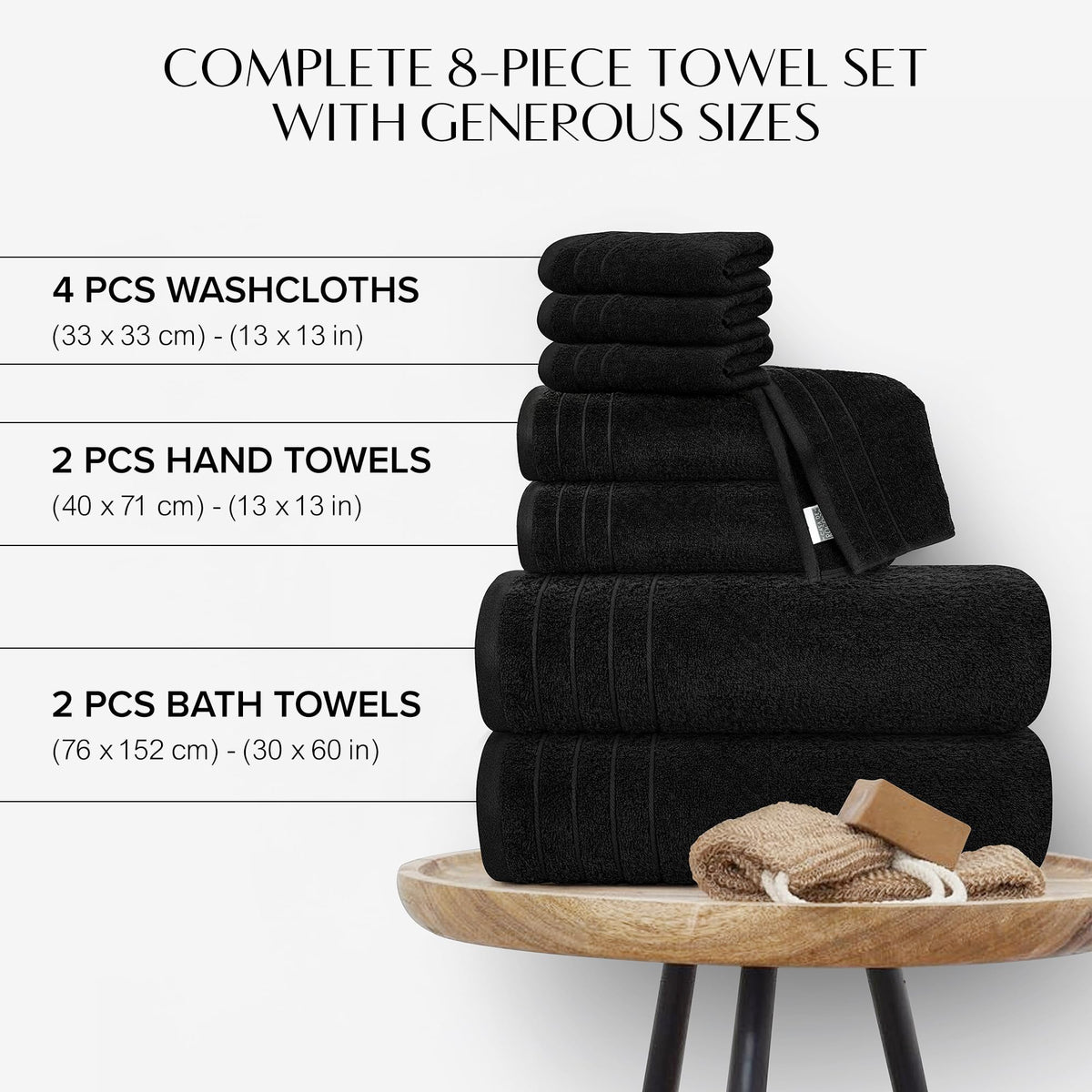100% Cotton 8 Piece Towel Bale Set - Luxury Bathroom Towels (Black)