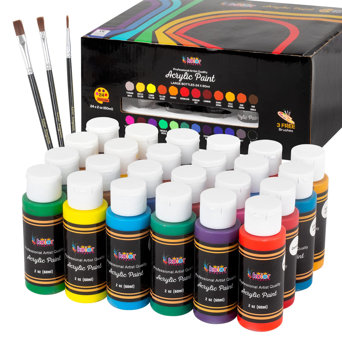 KOLOR KINGDOM Acrylic Paint Set 24 Colours Canvas Paints Kit with 3 Paint Brushes for Crafts,Kids Paints, Paper, Rock Painting, Wood,Ceramic & Fabric