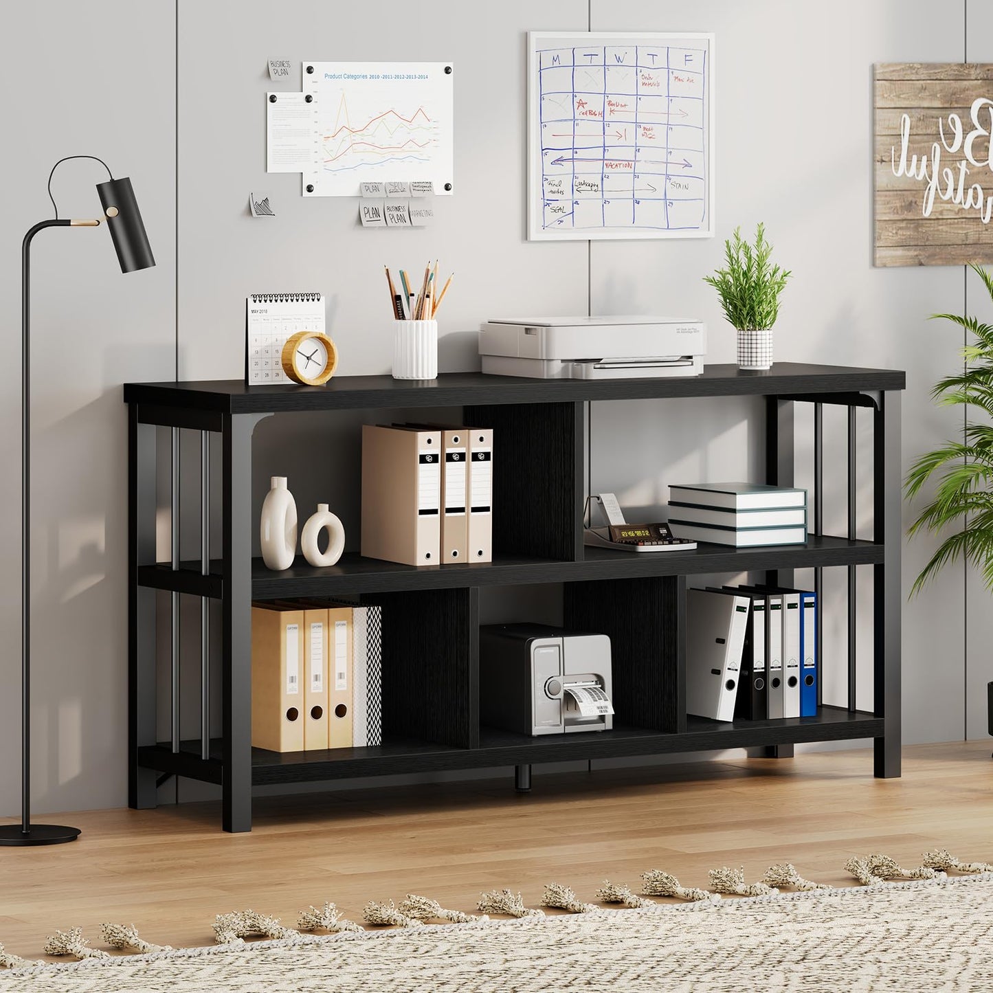IBF 5 Cube Storage Organizer Bookshelf Low Bookcase 140cm Black Oak