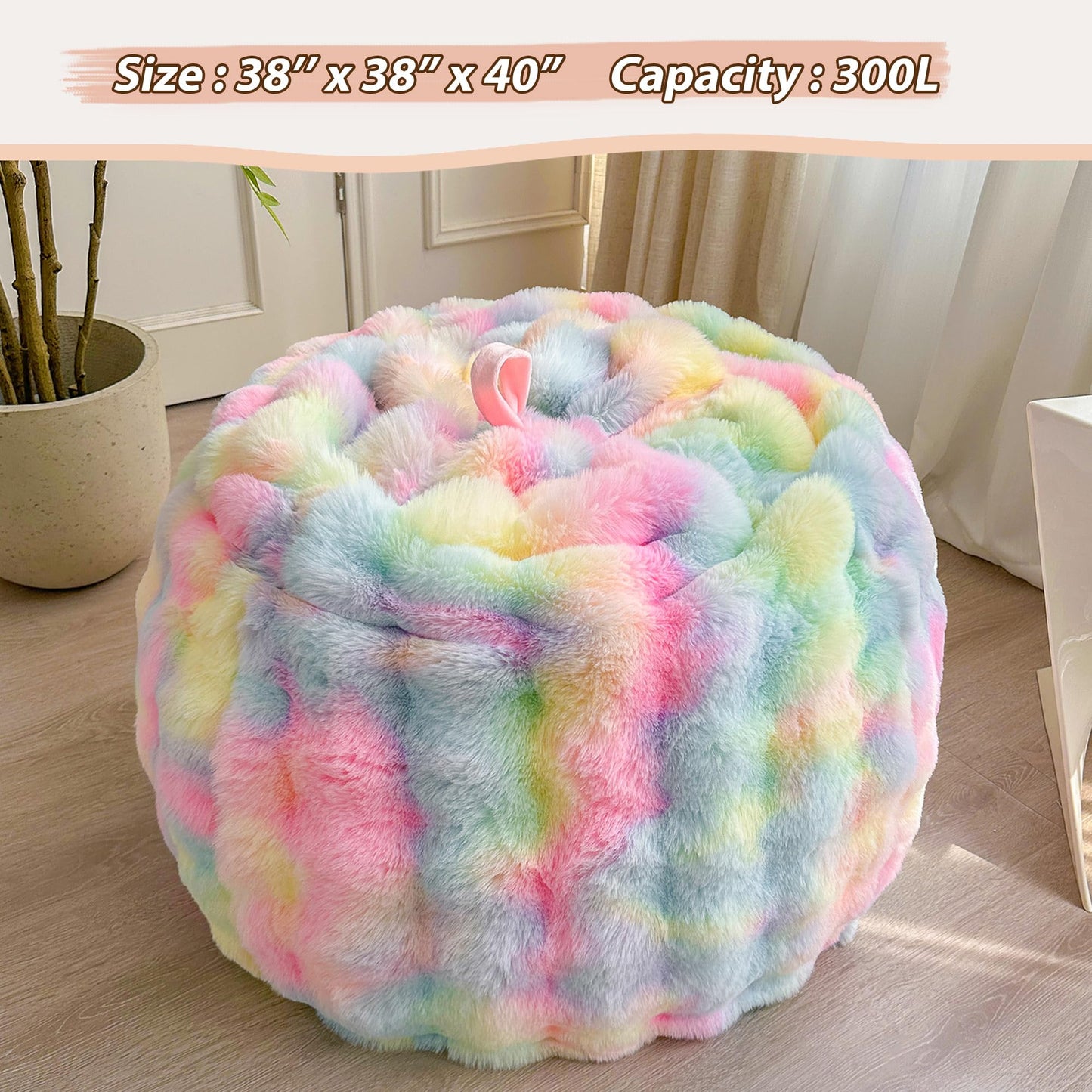 LIFEREVO 3FT Fluffy Faux Rabbit Fur Bean Bag Cover, No Filler, Rainbow