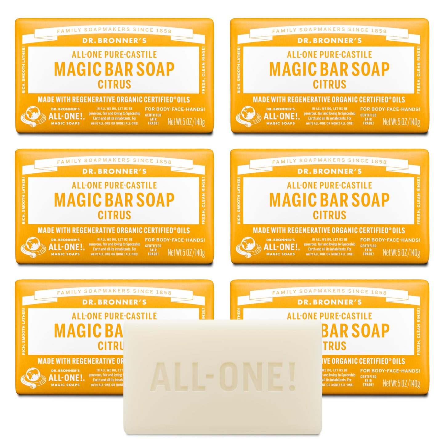 Dr. Bronner?s Pure-Castile Bar Soap ? Citrus, 5 oz, 6 Pack
