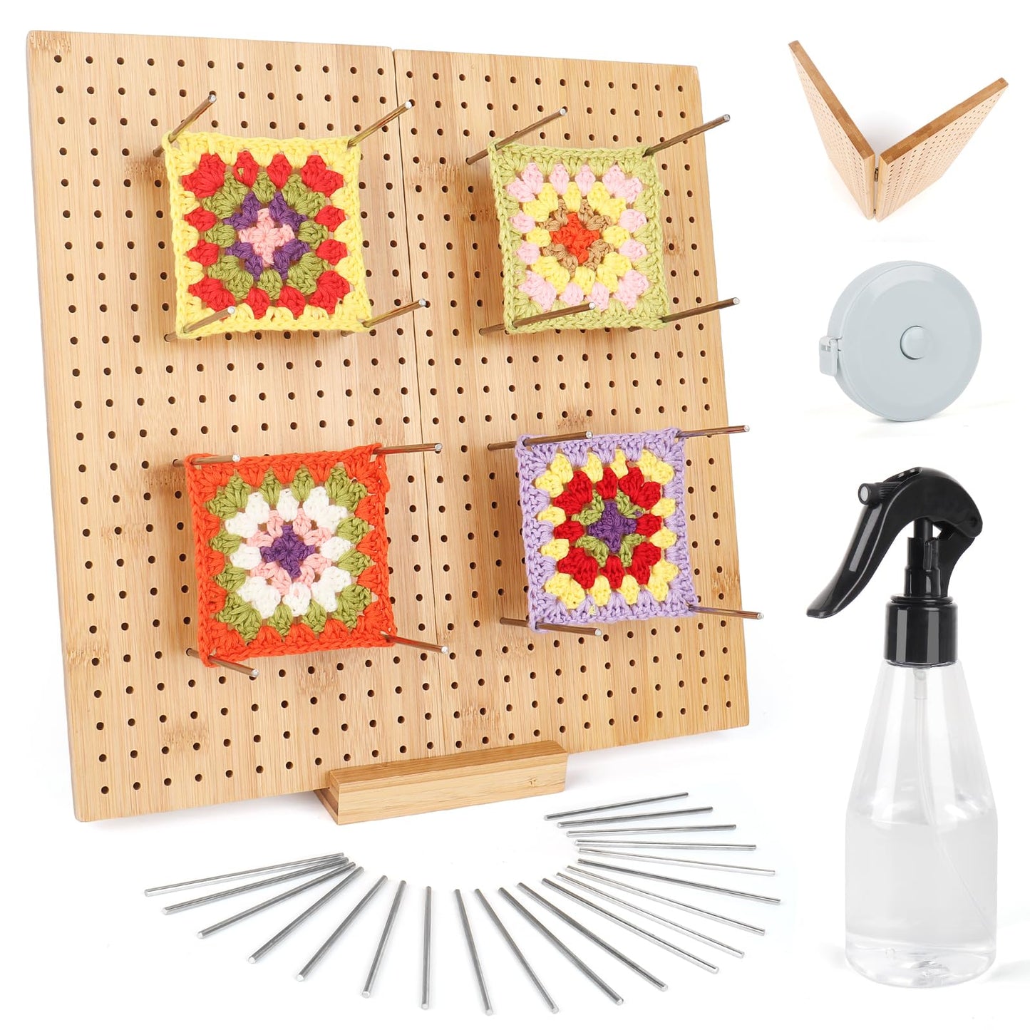 Reessy Crochet Blocking Board Large, 13inch Granny Square Blocking Board with 30 Steel Rods & 1 Spray Bottle, Wooden Blocking Board Pegs for Knitting