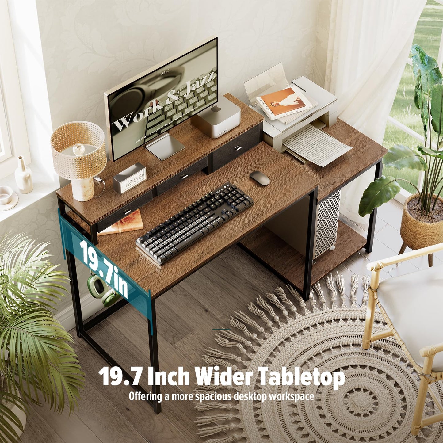 WOHOMO 120cm Computer Desk with 3 Drawers, Printer Shelf and Monitor Stand