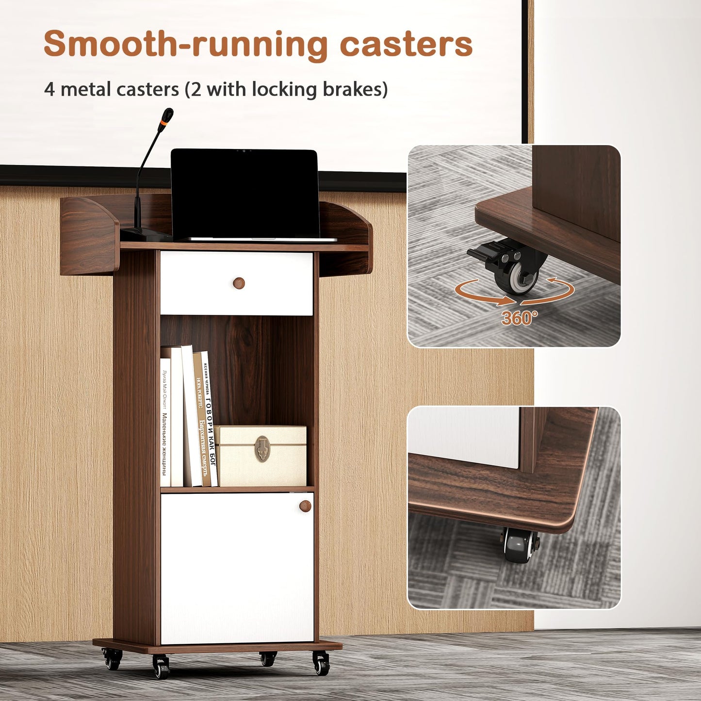 Turosur Podium Stand with Drawer, Hidden Cable Hole & Adjustable Shelf