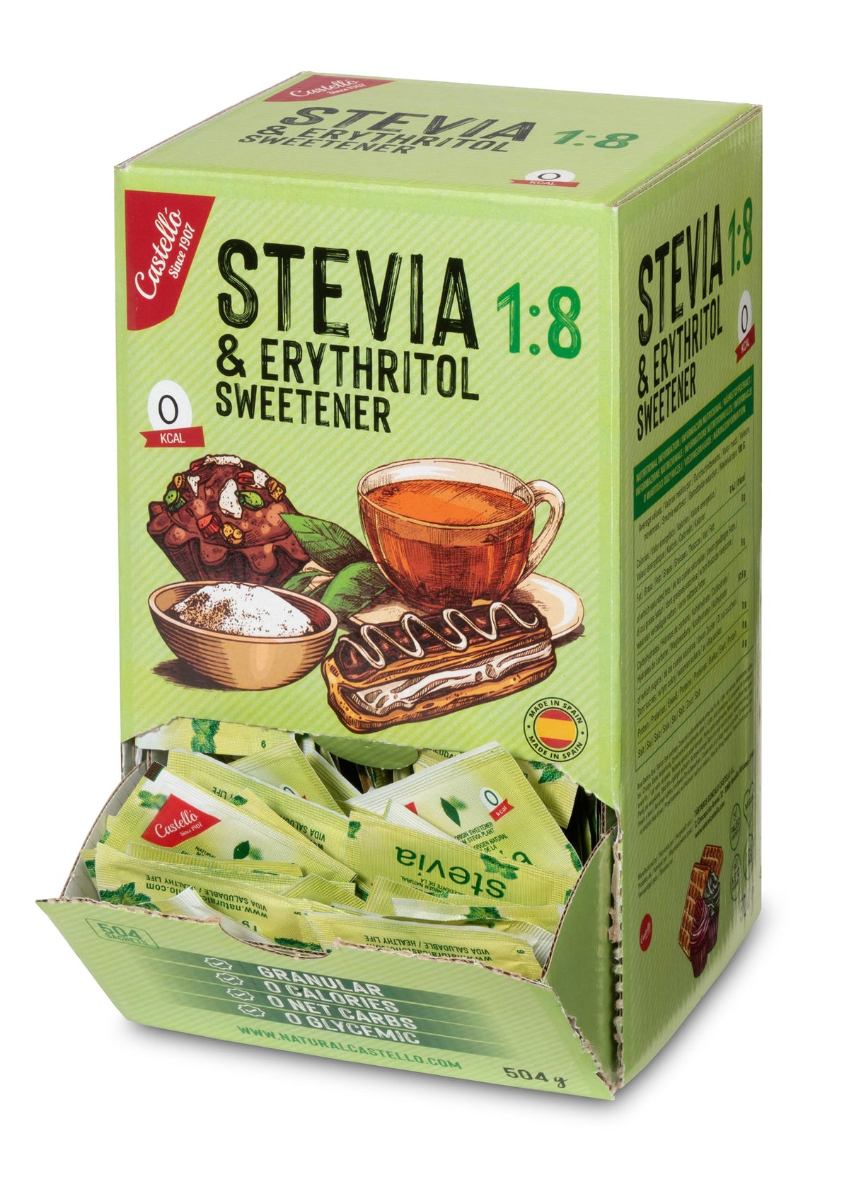 Castello since 1907 Stevia + Erythritol 1:8 Sweetener | 504 sachets of 1g | 100% Natural taste Sugar Substitute - 0 Calories - 0 Glycemic Index - Keto