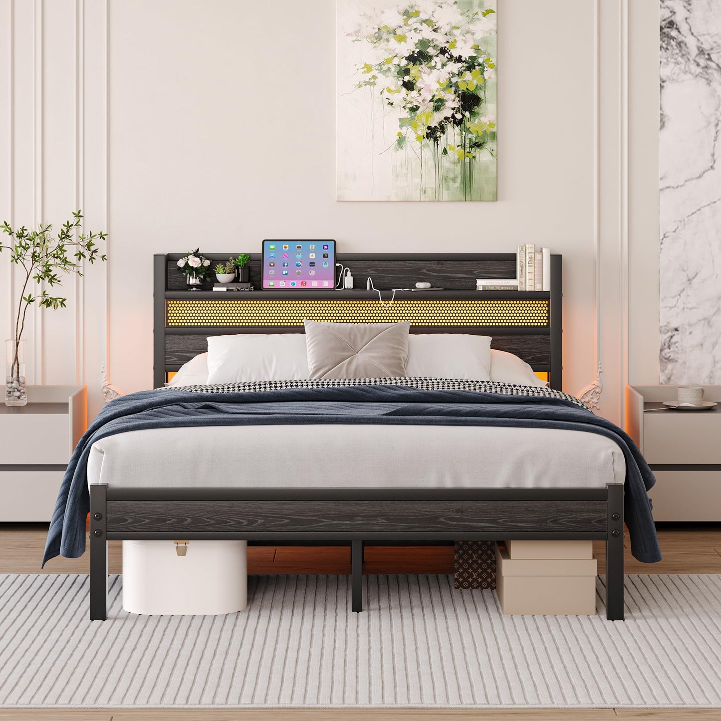 HAHRIR King Bed Frames with Storage Headboard and Charging Station/LED Lights,150x 200cm Heavy Duty Metal Kingsize Bed Frame, Strong Steel Slats